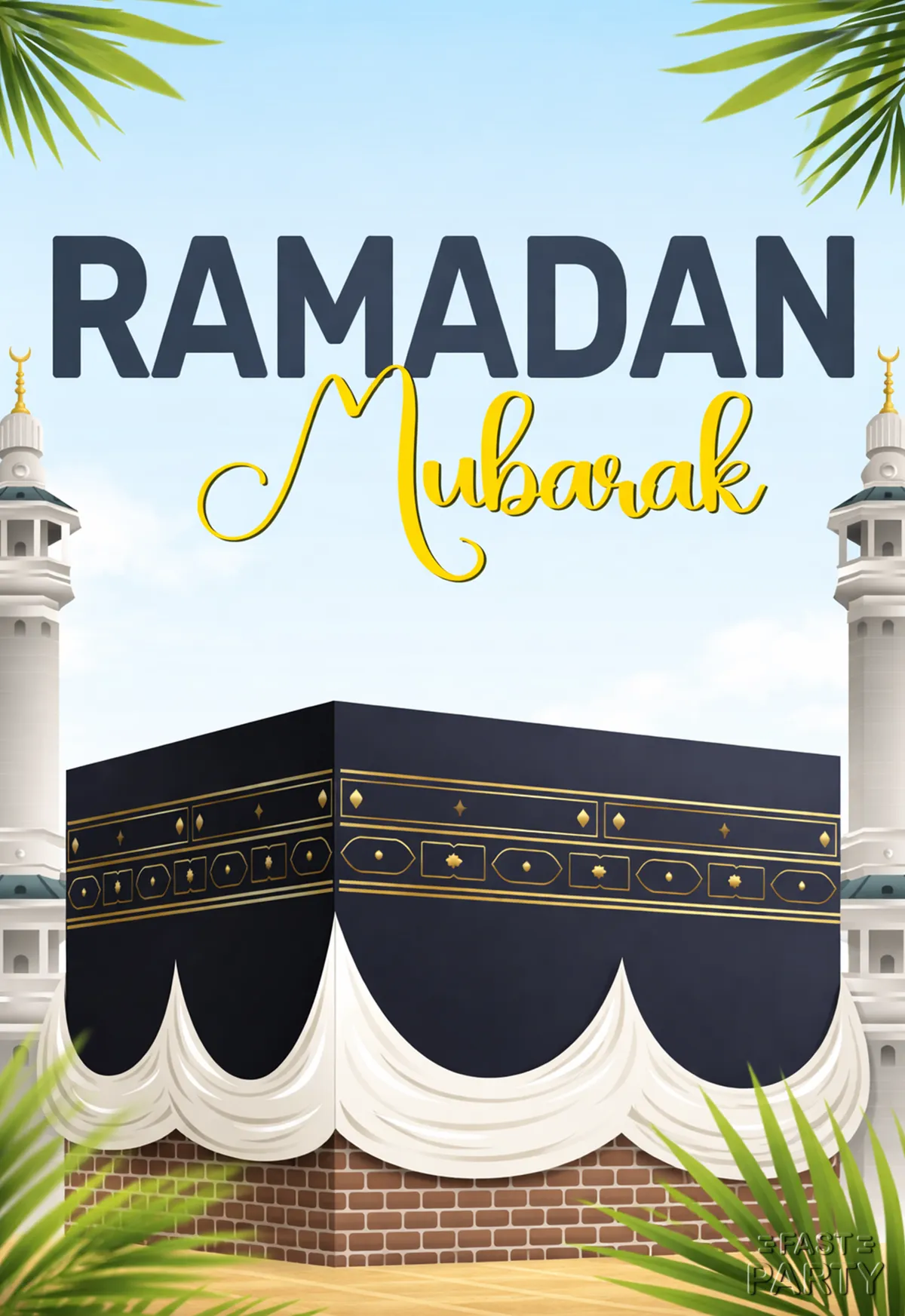 Ramadan Mubarak greeting with the Kaaba between minarets