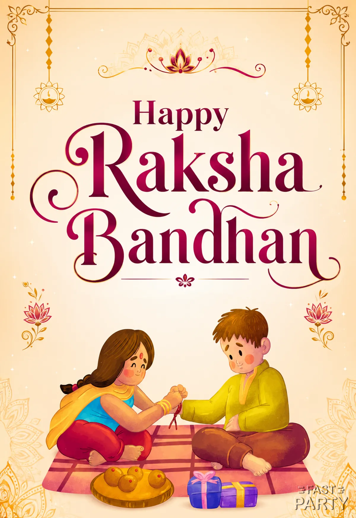 Happy Raksha Bandhan greeting with a sister tying a rakhi and a gift
