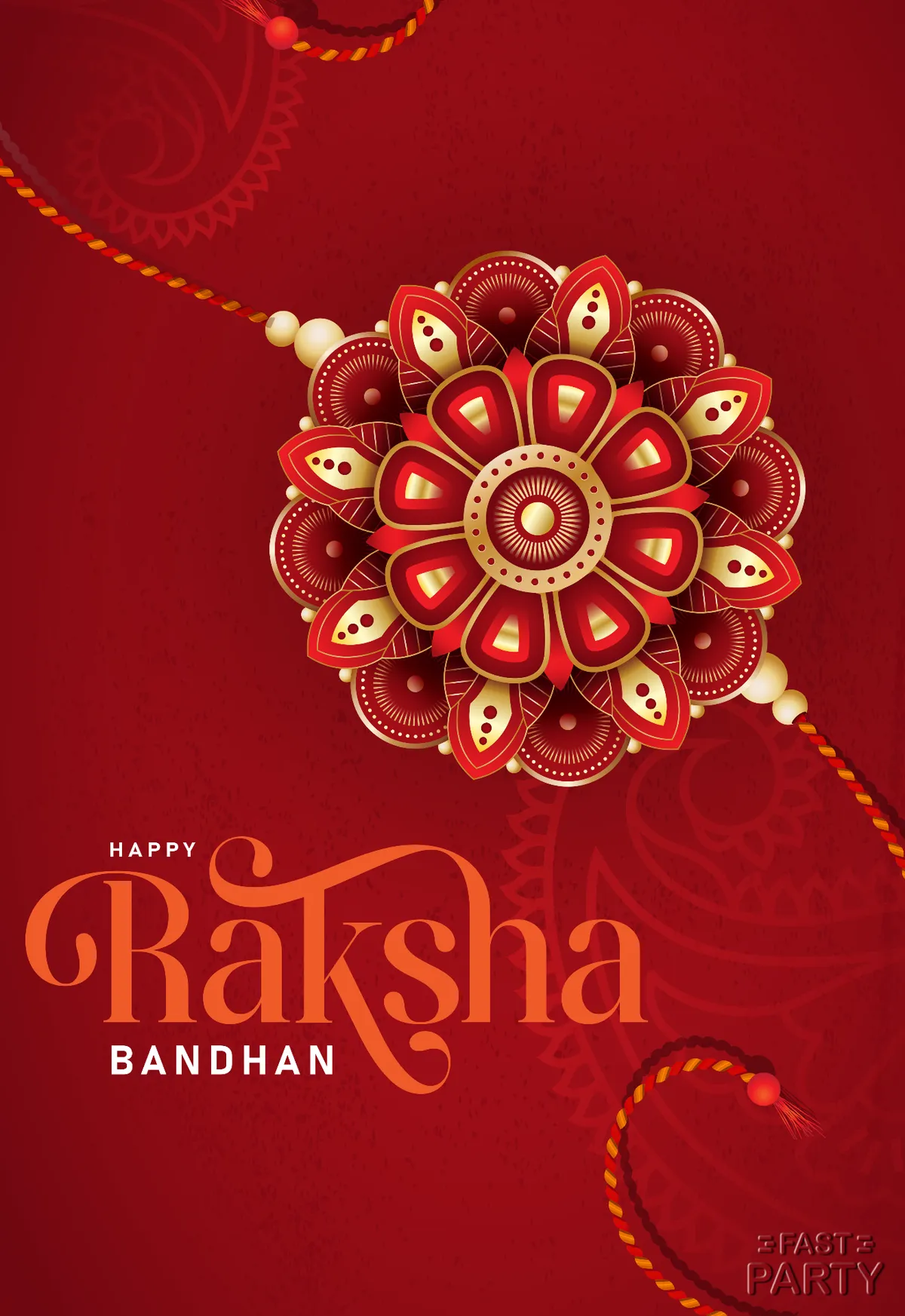 Happy Raksha Bandhan greeting with a mandala rakhi on red