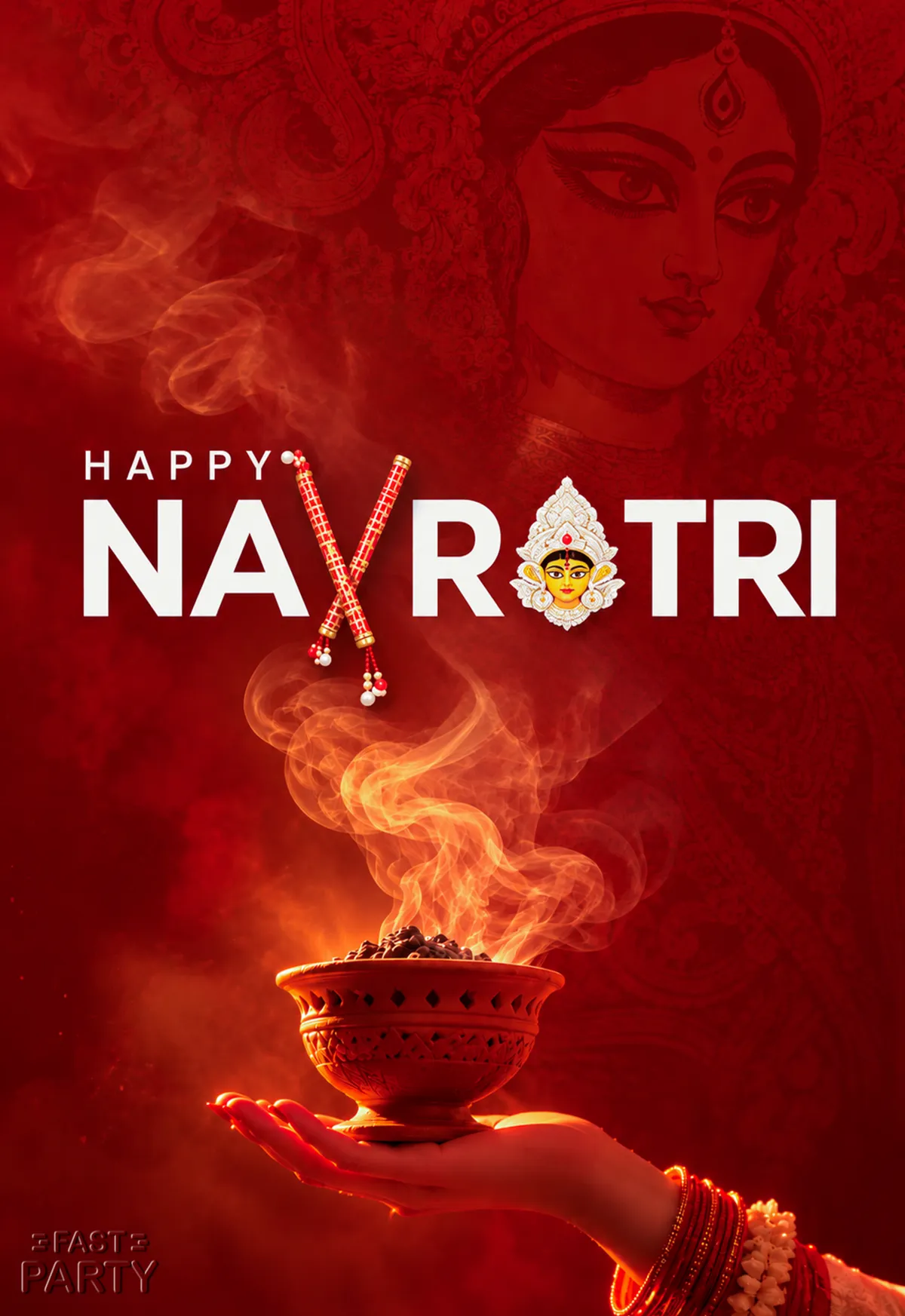 Happy Navratri greeting with red incense smoke and a line drawing of the Goddess
