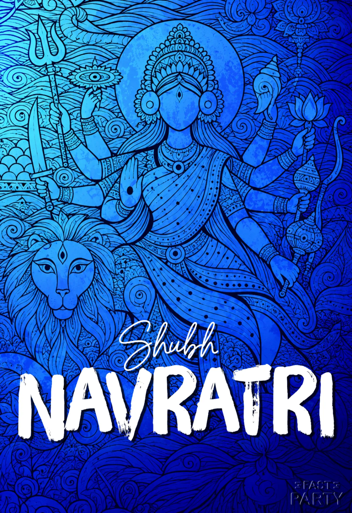 Shubh Navratri greeting with a blue line drawing of Durga on a lion