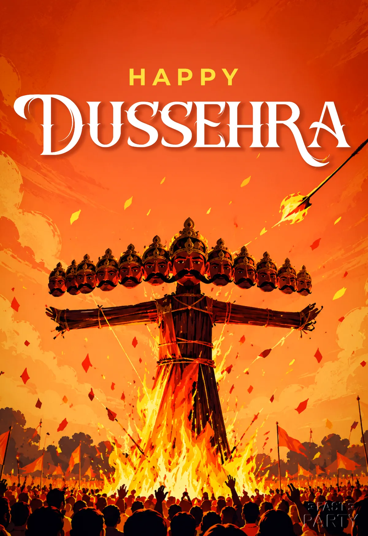 Happy Dussehra greeting with a burning Ravana effigy