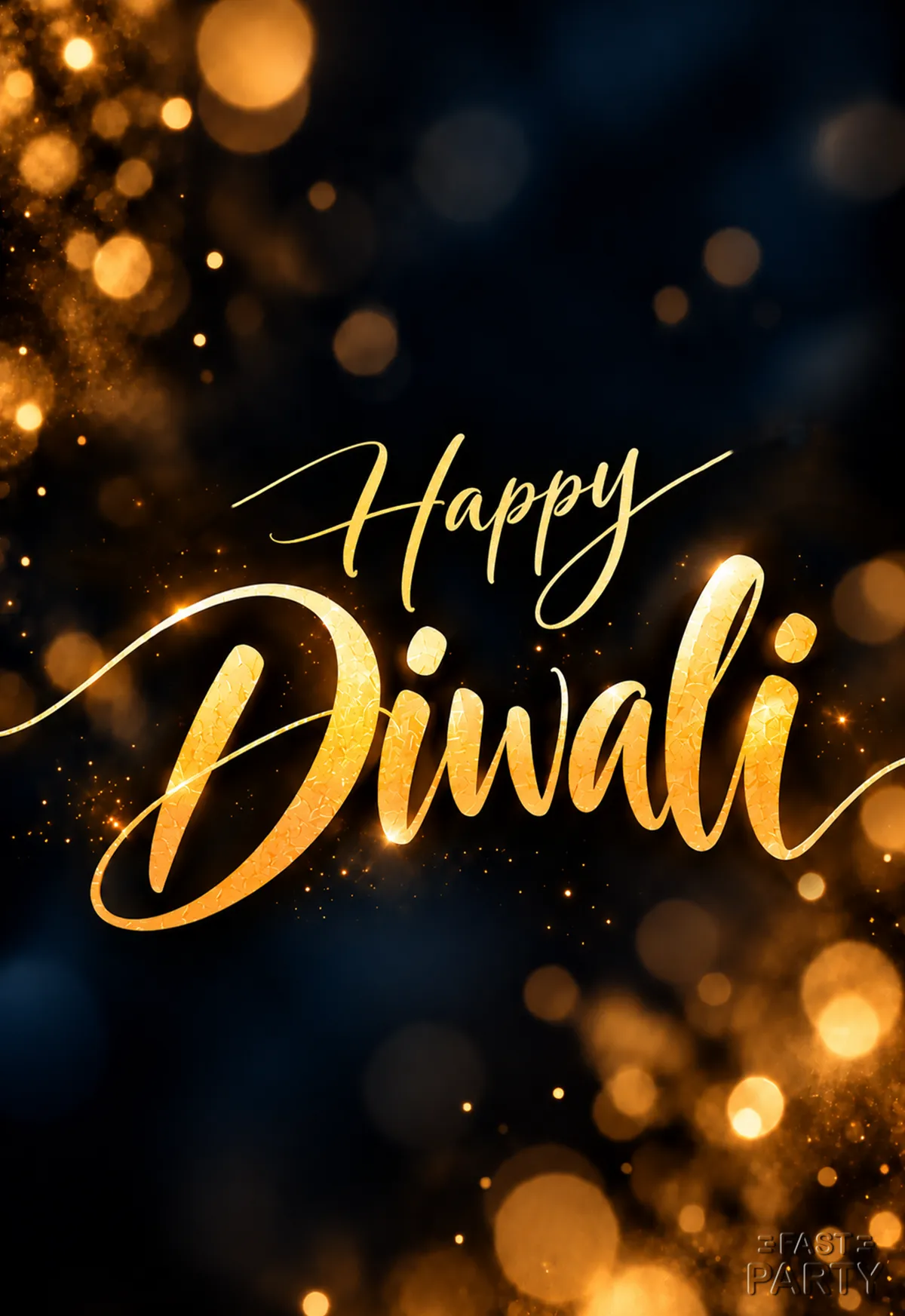 Happy Diwali greeting in gold script on dark bokeh