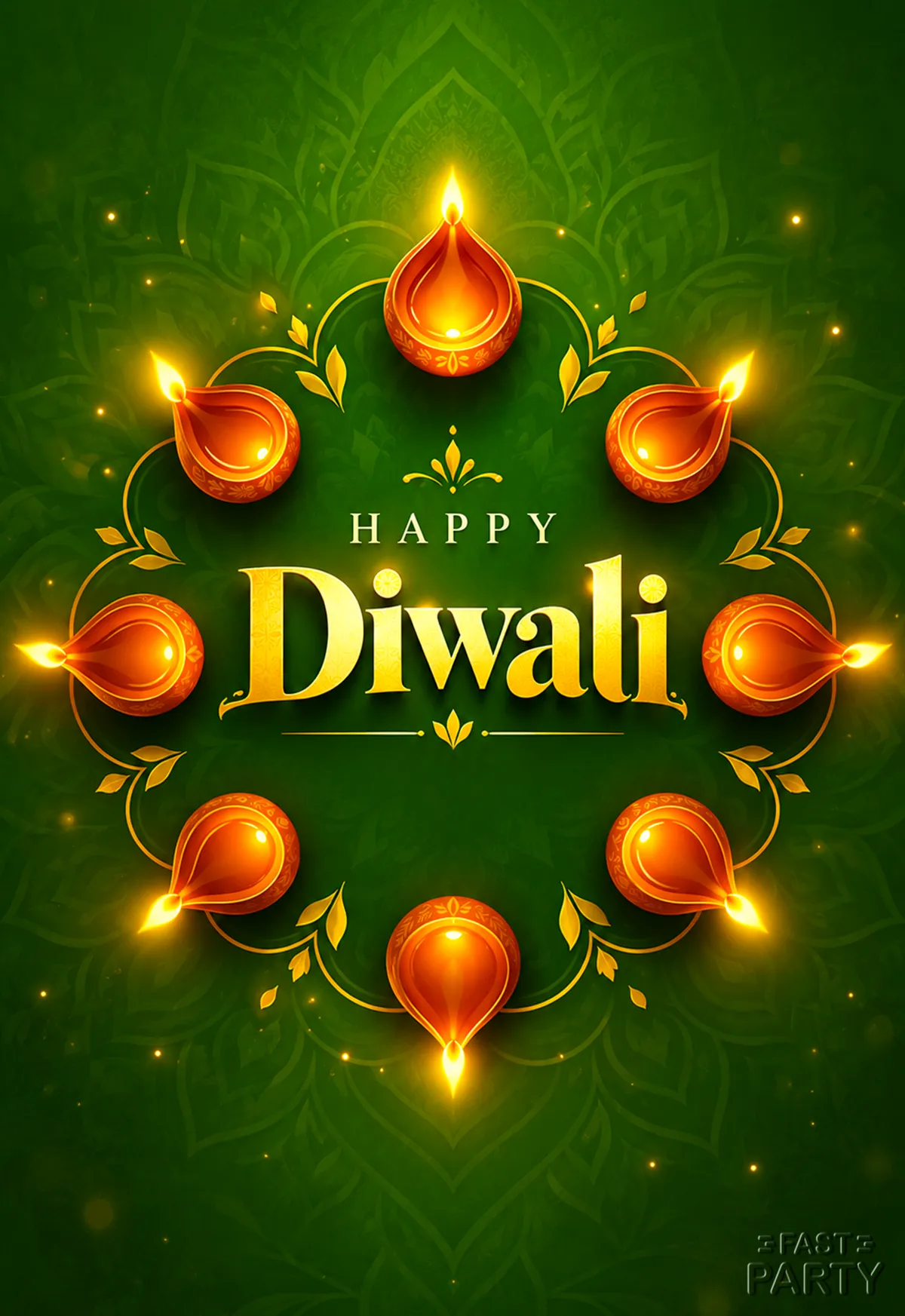 Happy Diwali greeting with a ring of diyas on green