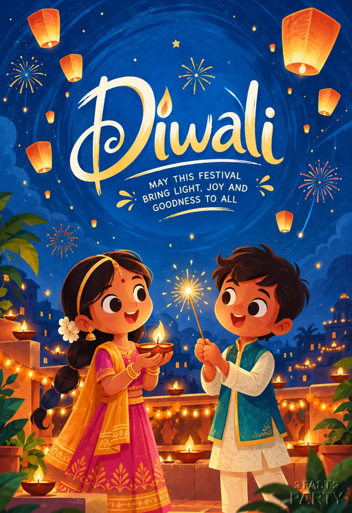 Happy Diwali greeting with two children holding a diya and sparkler