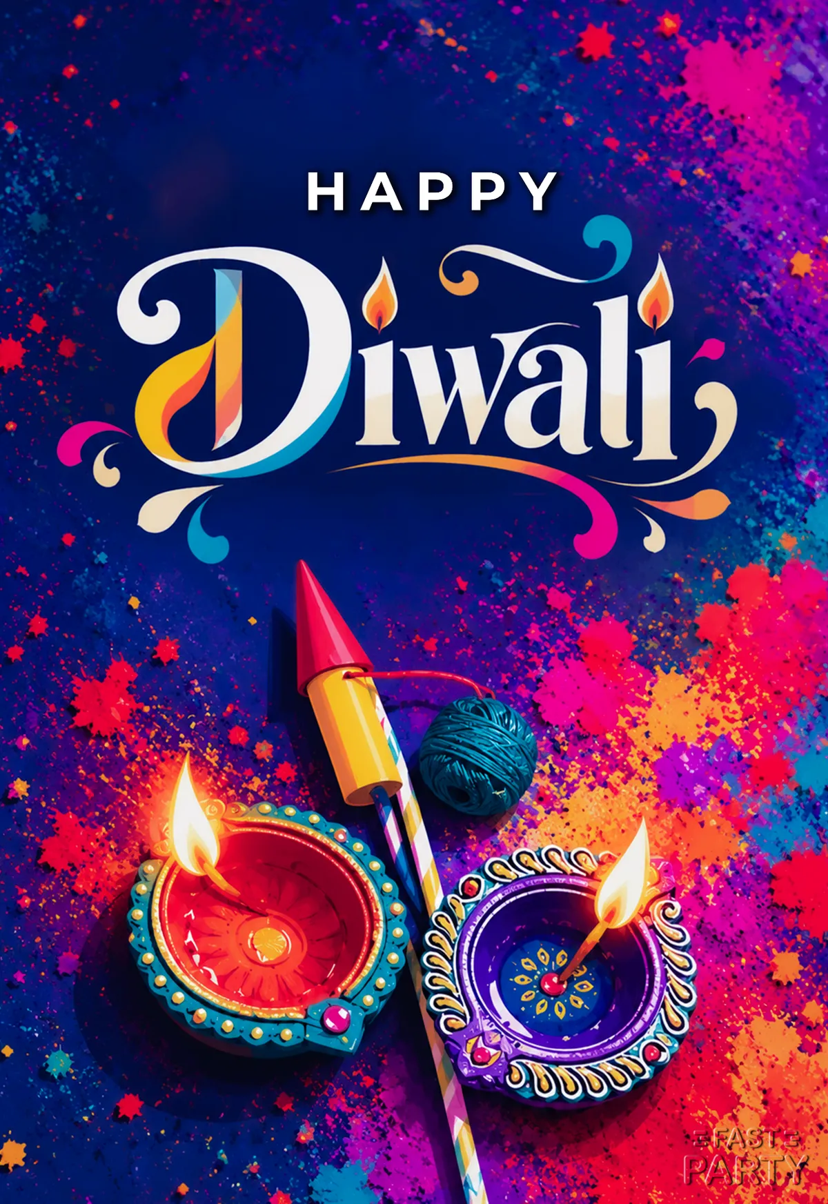 Happy Diwali greeting with painted diyas on colourful powder