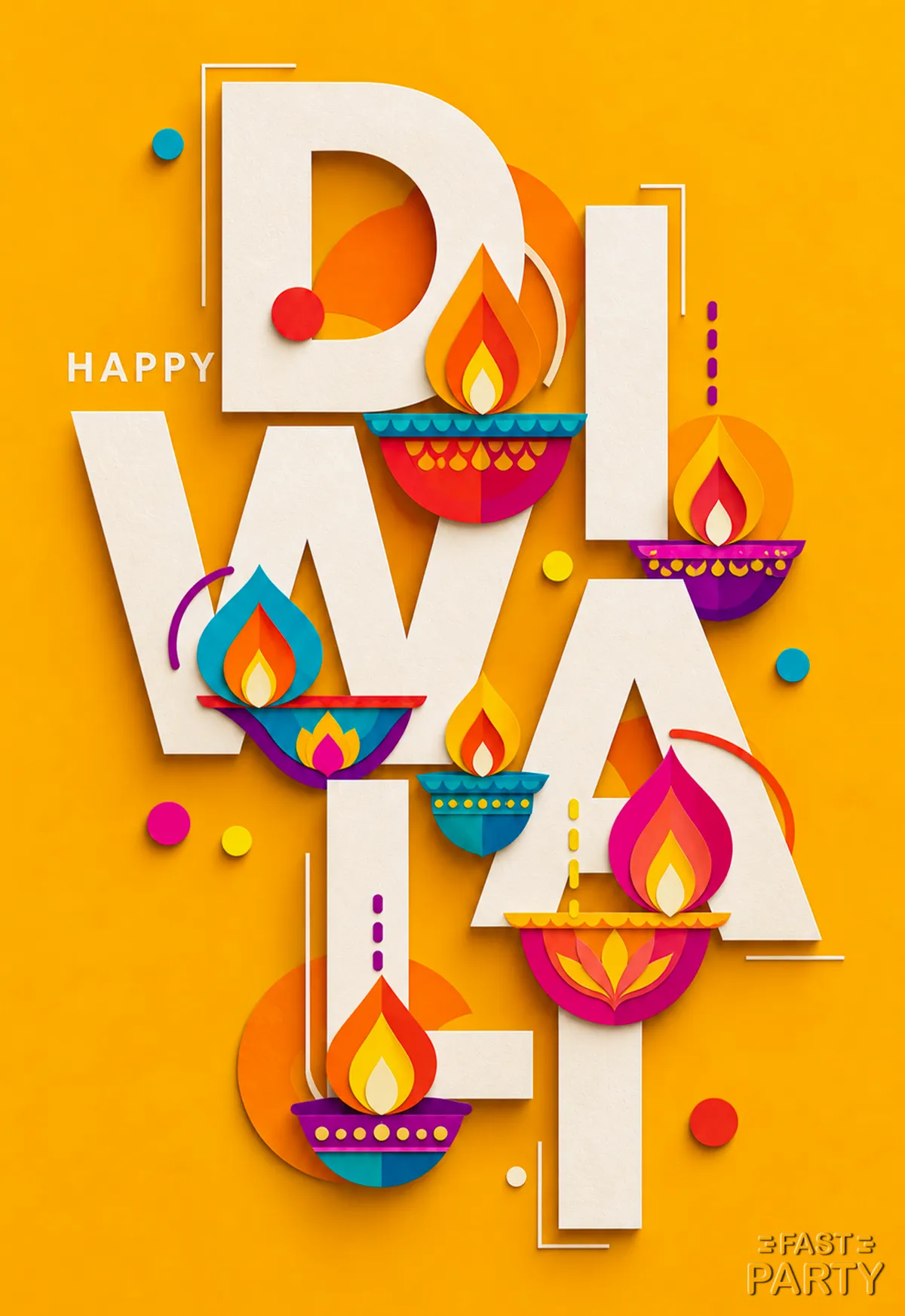 Happy Diwali greeting with paper-cut letters and paper diyas on mustard