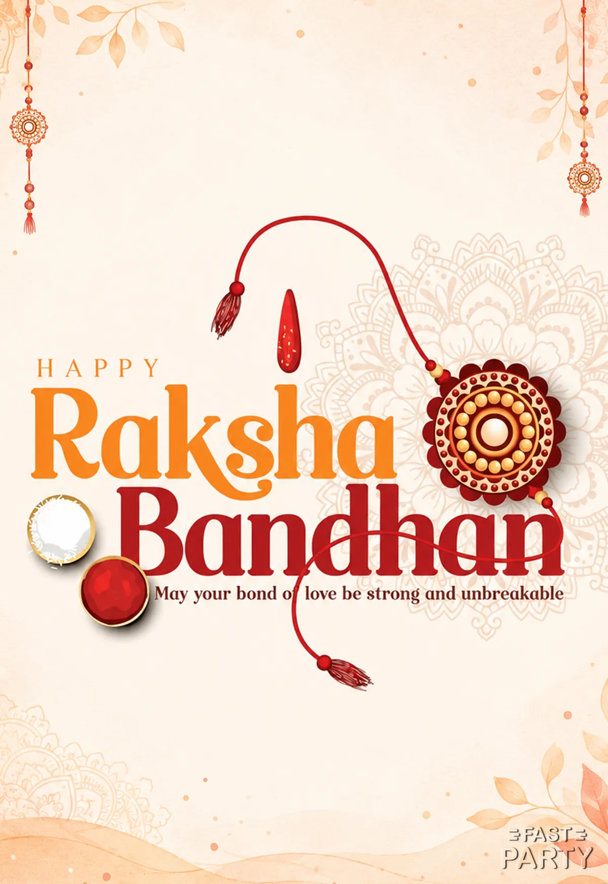 Happy Raksha Bandhan greeting with a red thread rakhi on cream