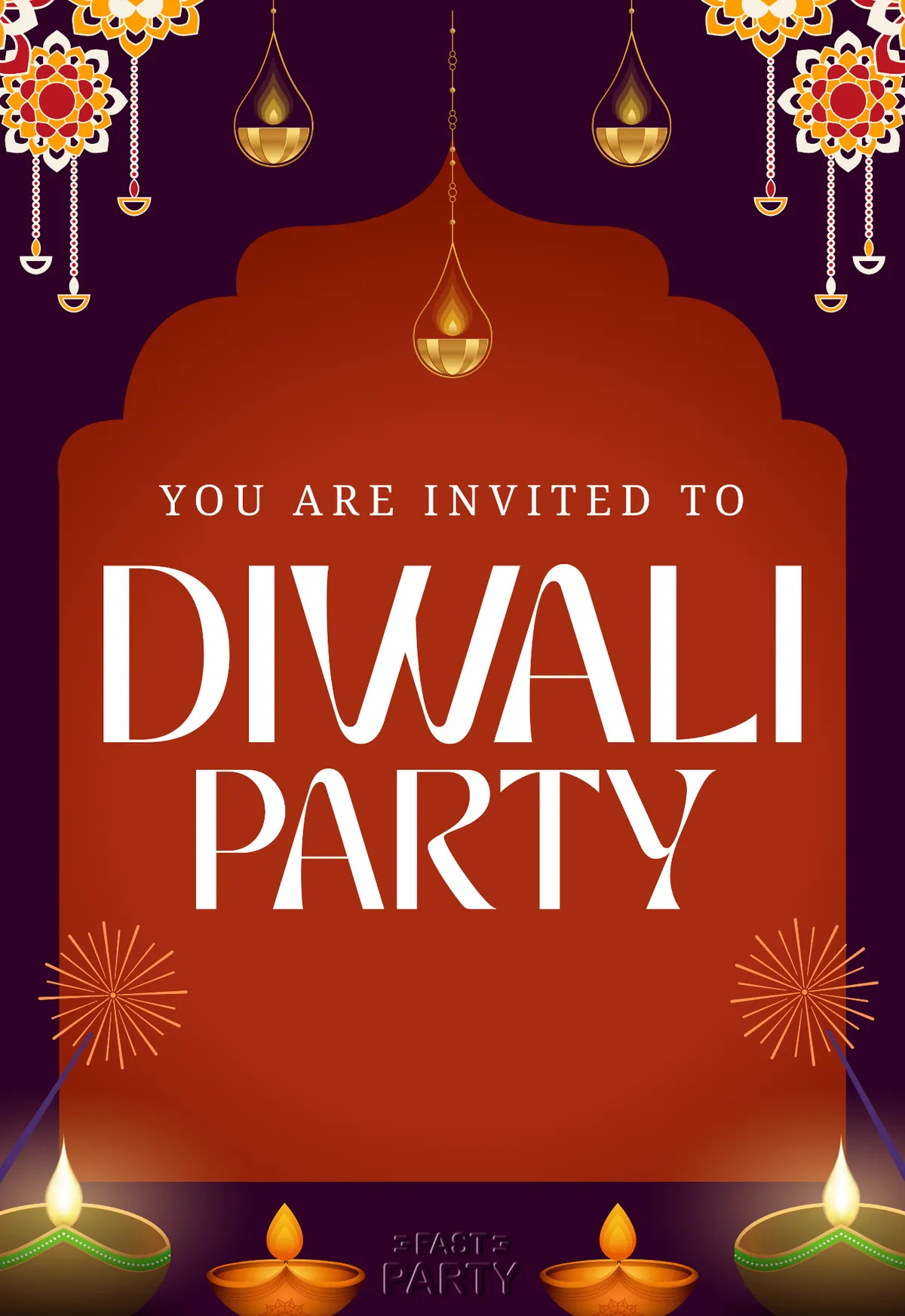 Diwali Party — Lanterns and Diyas on Maroon