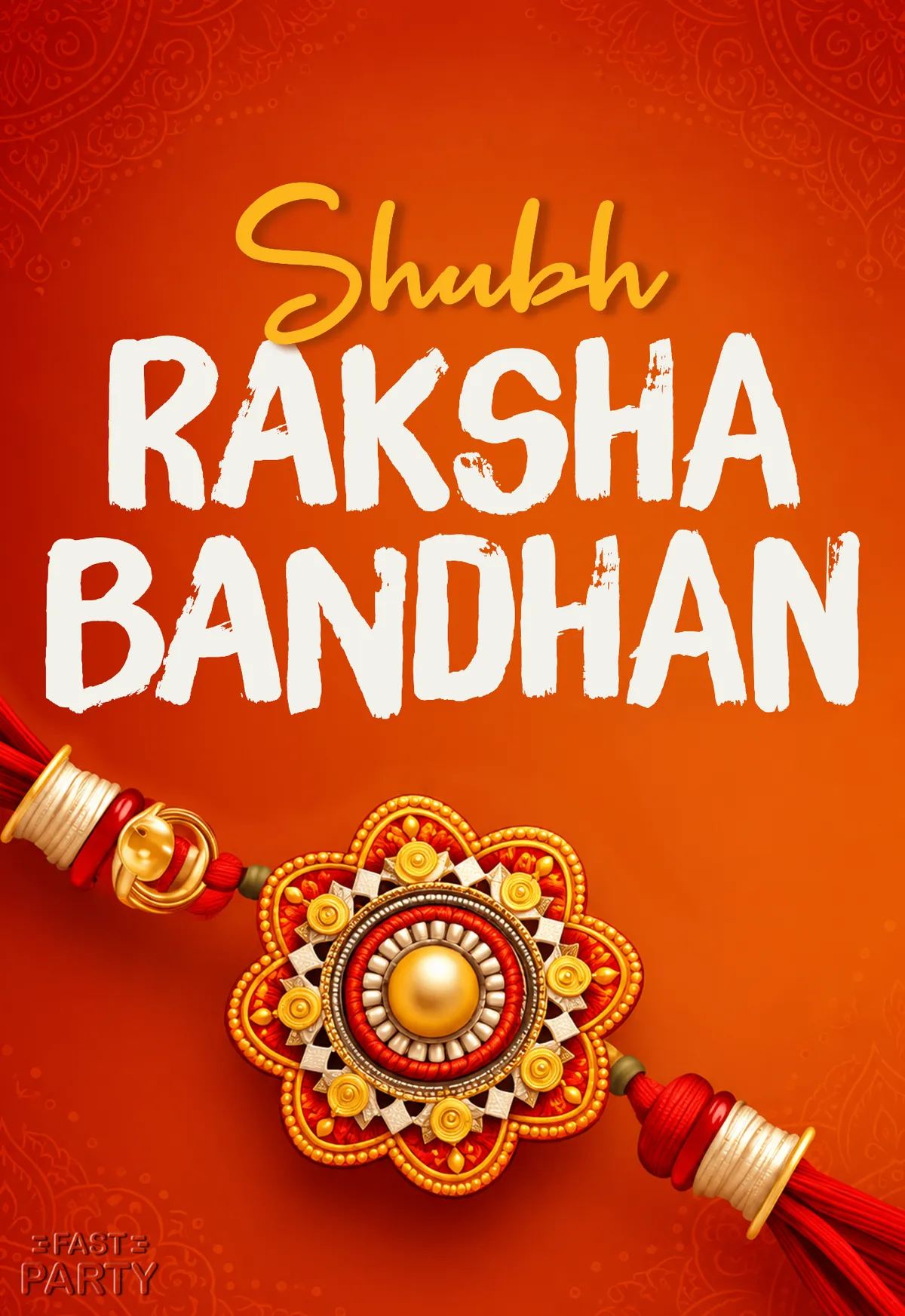 Shubh Raksha Bandhan greeting with a jewelled rakhi on orange