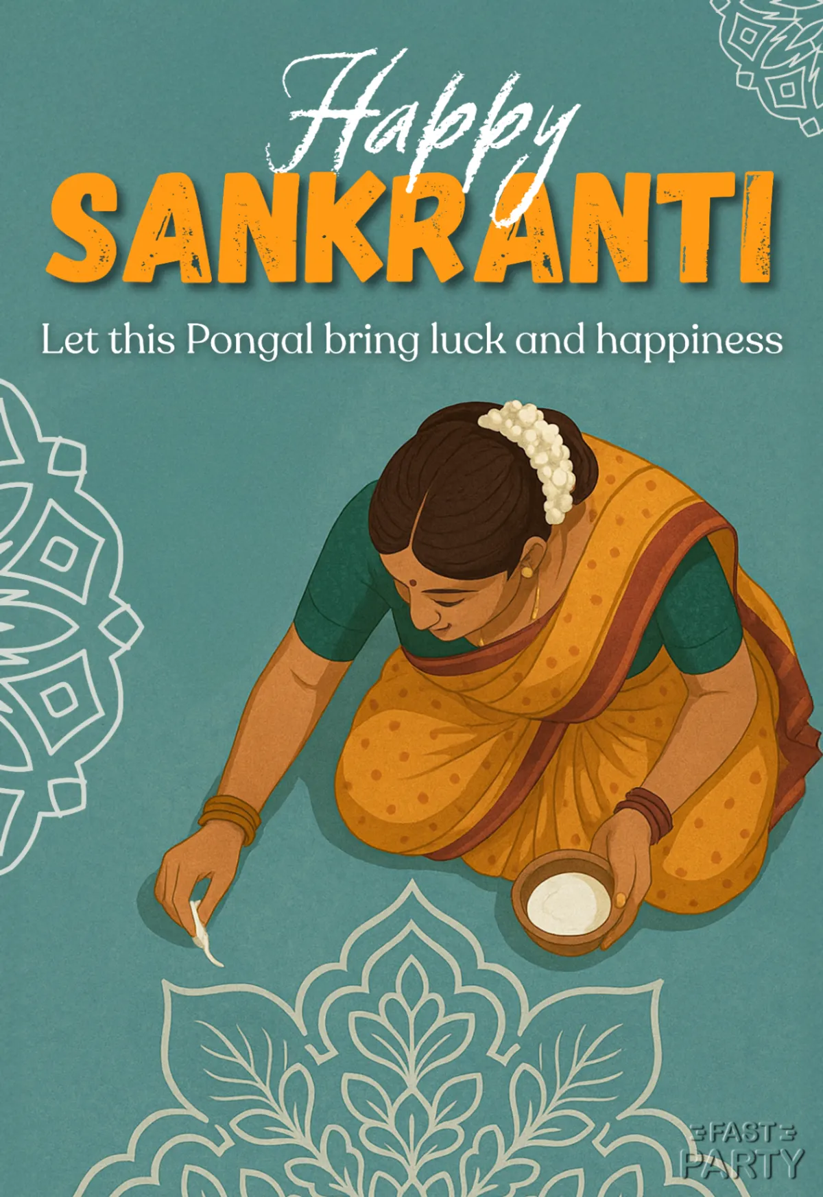 Happy Sankranti greeting with a woman drawing a rangoli