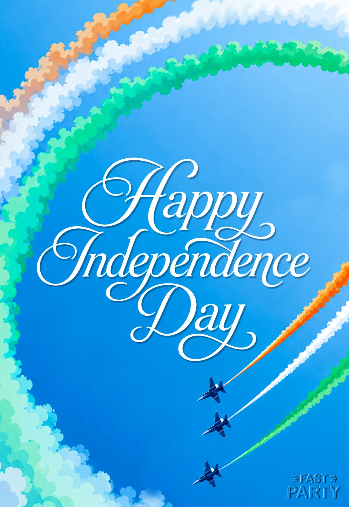 Happy Independence Day greeting with jets trailing tricolour smoke