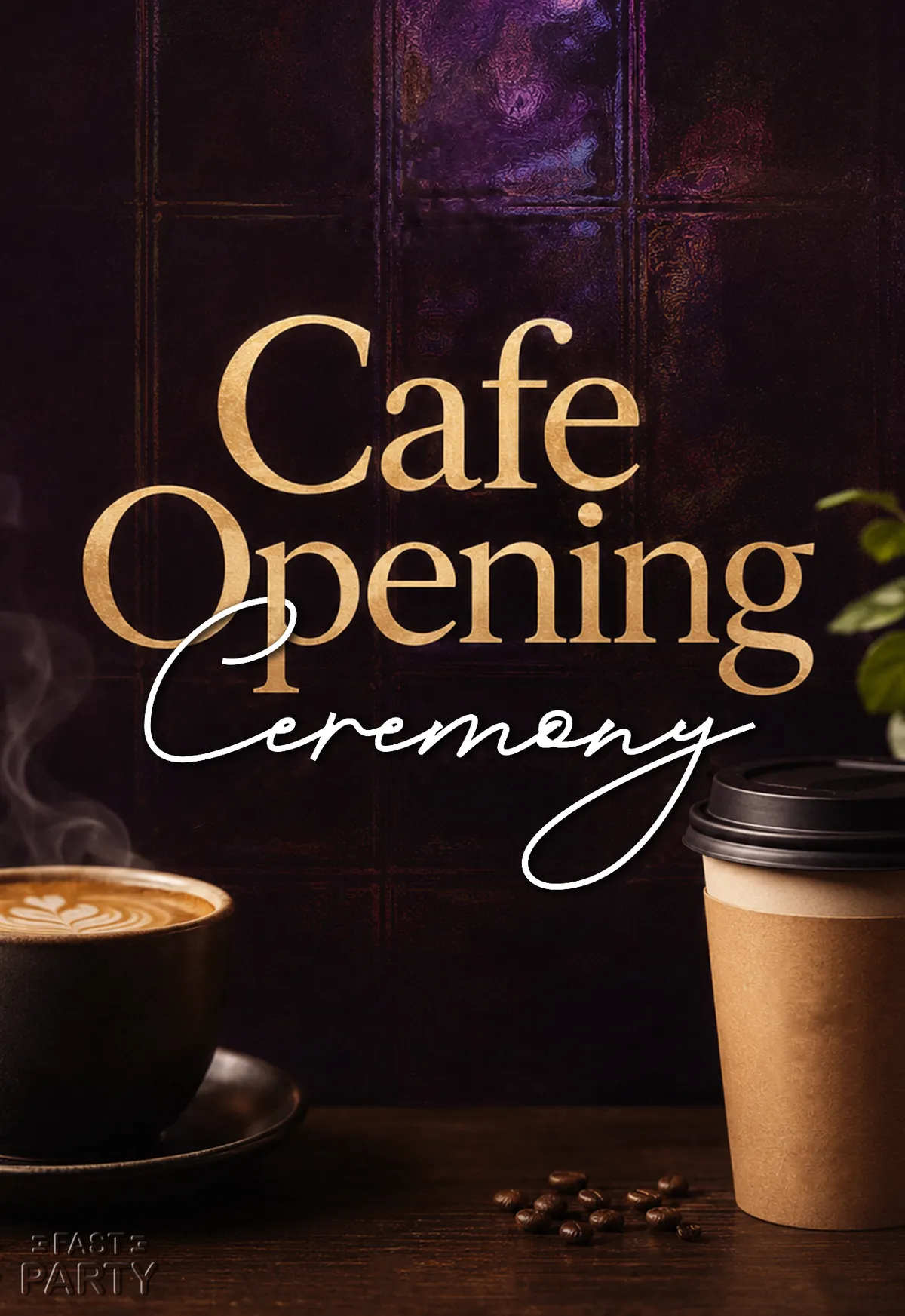 Cafe Opening Ceremony invitation with a coffee cup on dark