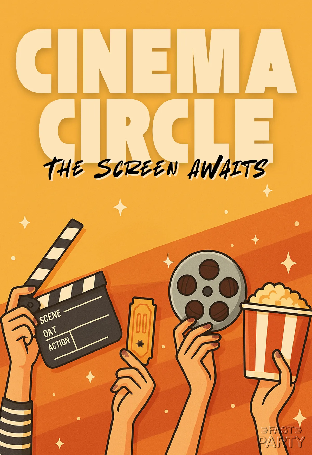 Cinema Circle invitation with popcorn, clapperboard and film reels