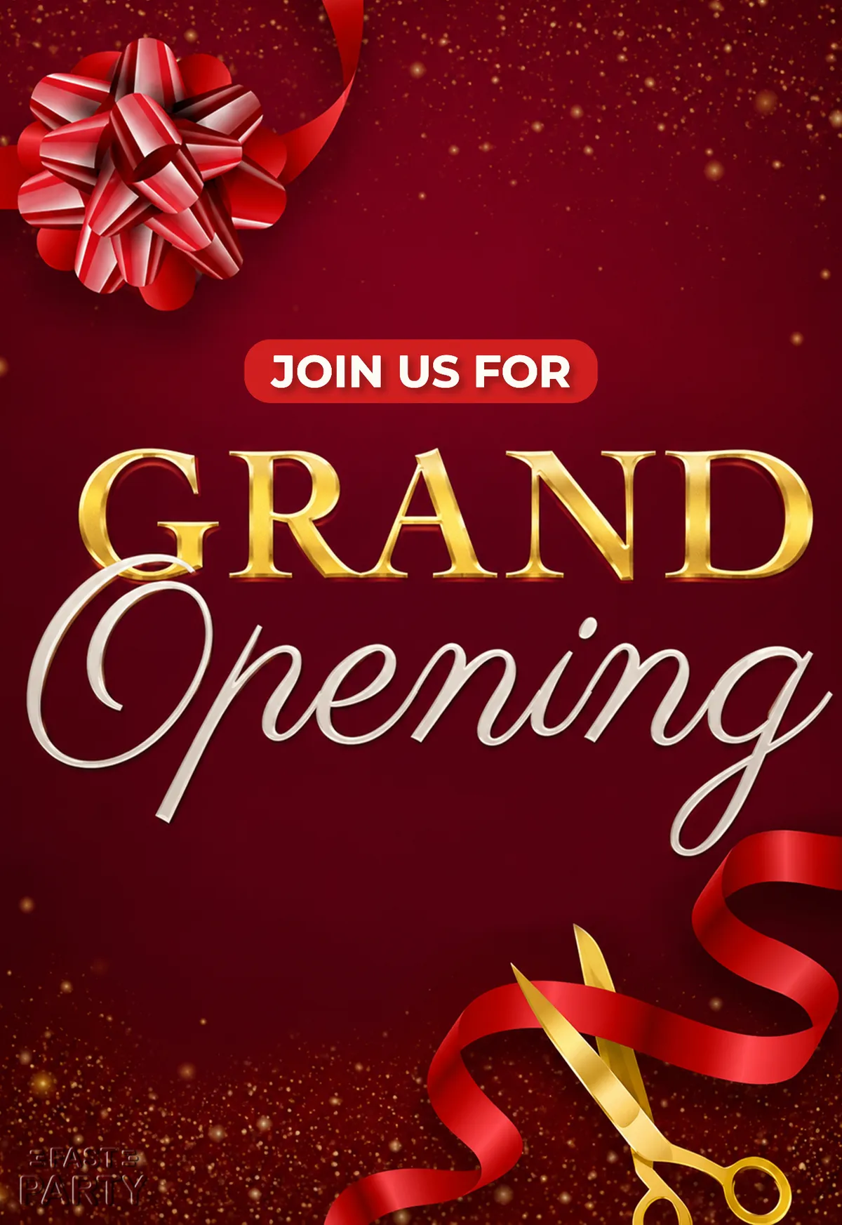 Grand Opening invitation with a red bow and scissors on deep red