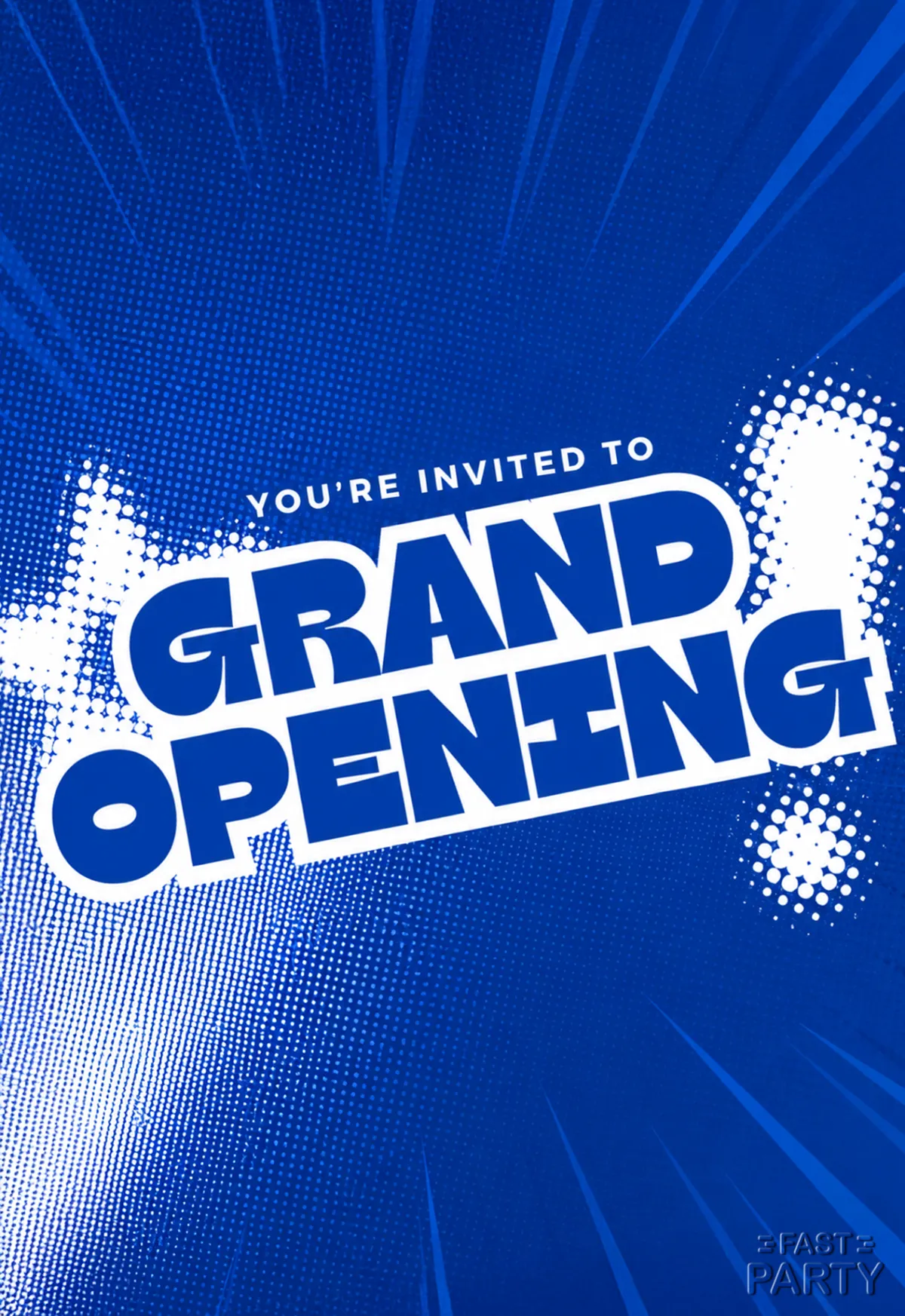 Grand Opening invitation in white type on electric blue