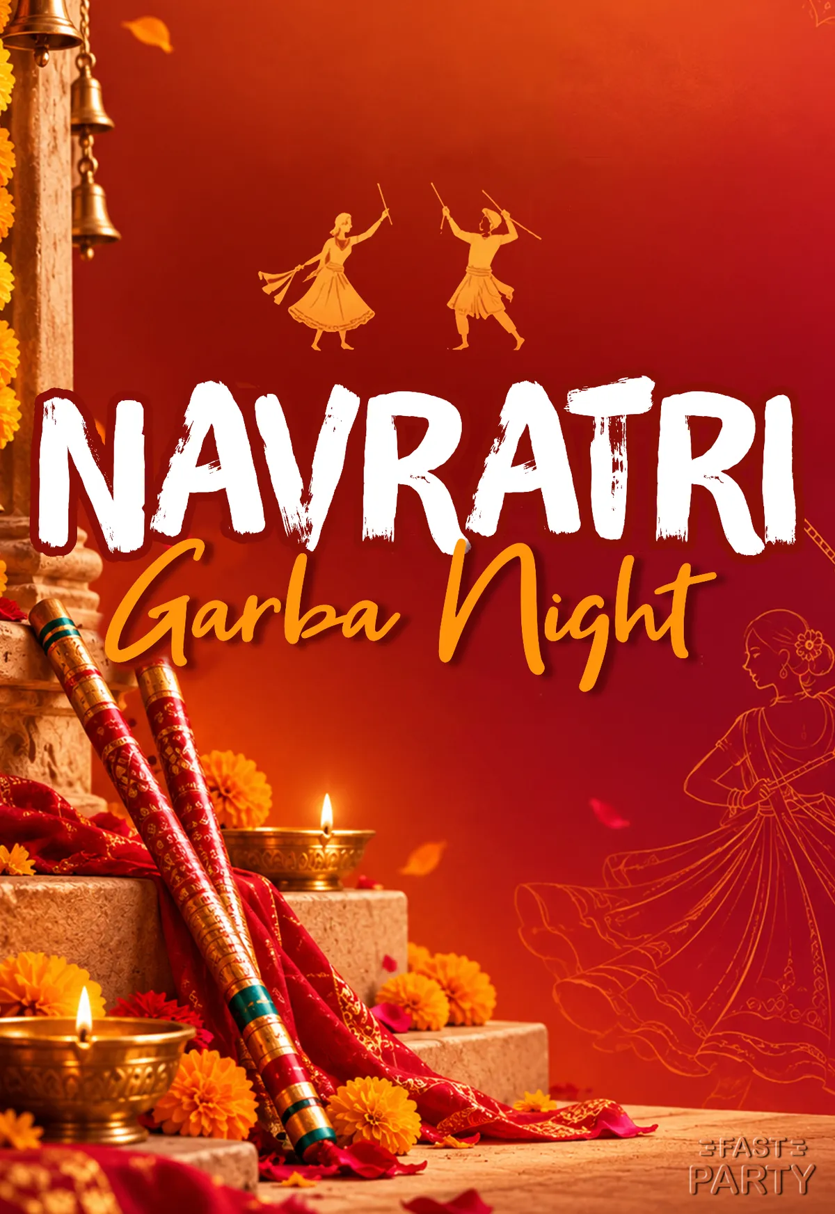Navratri Garba Night invitation on orange with dancing silhouettes, dandiya sticks and diyas