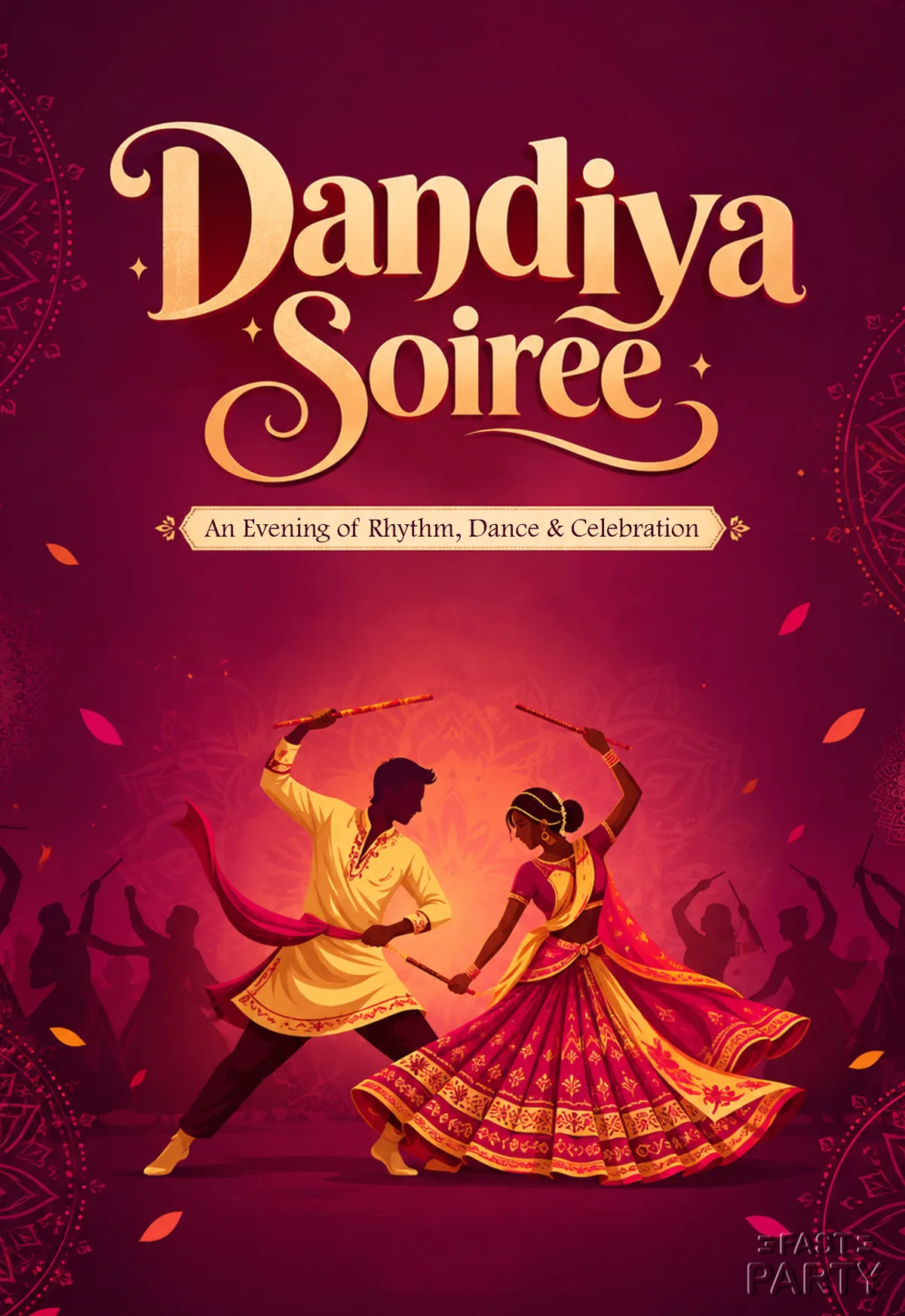 Dandiya Soiree invitation with an illustrated couple dancing dandiya on magenta