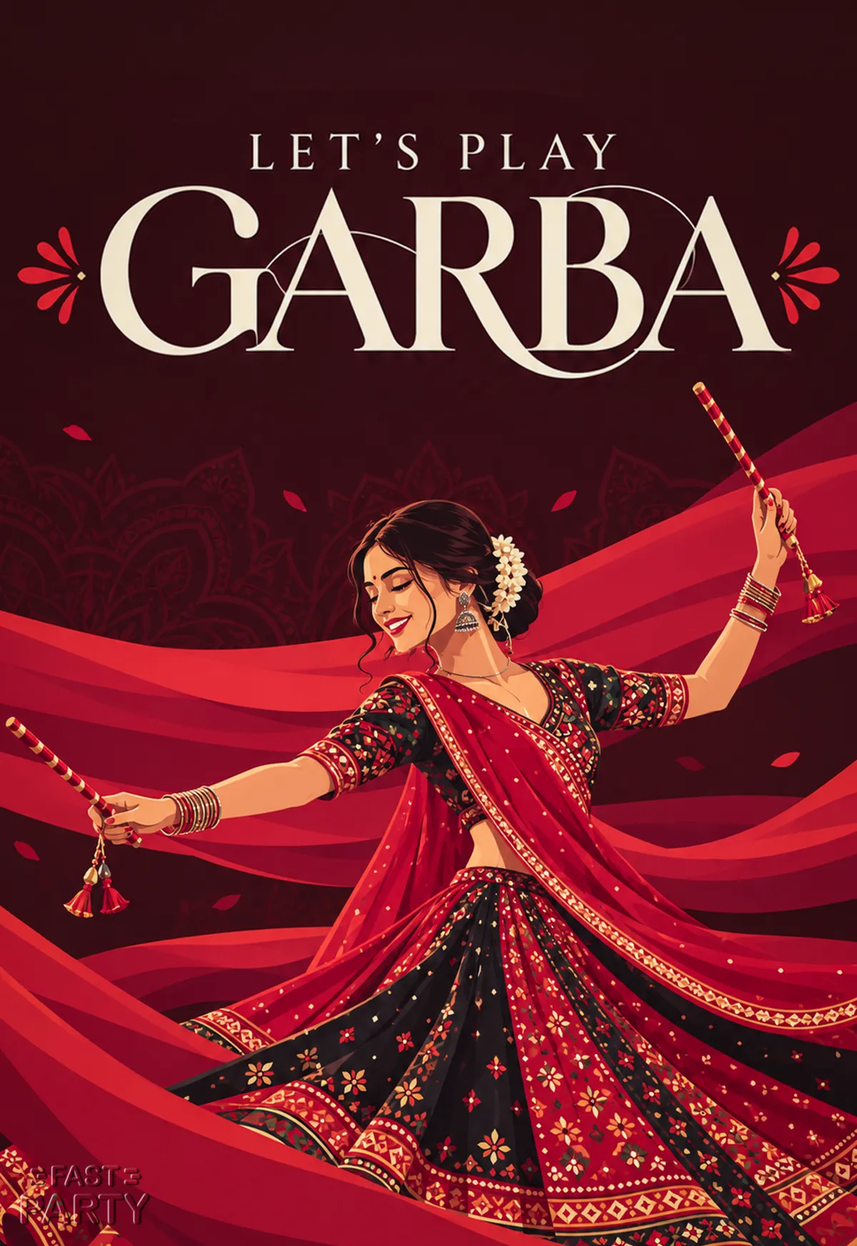 Garba invitation with a woman twirling in a red chaniya choli holding dandiya sticks