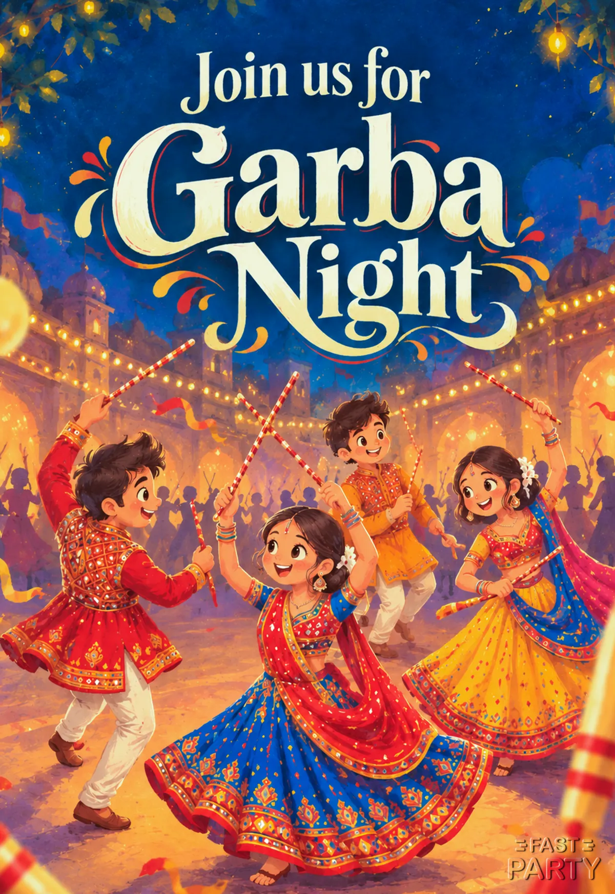 Garba Night invitation with illustrated children dancing dandiya at night