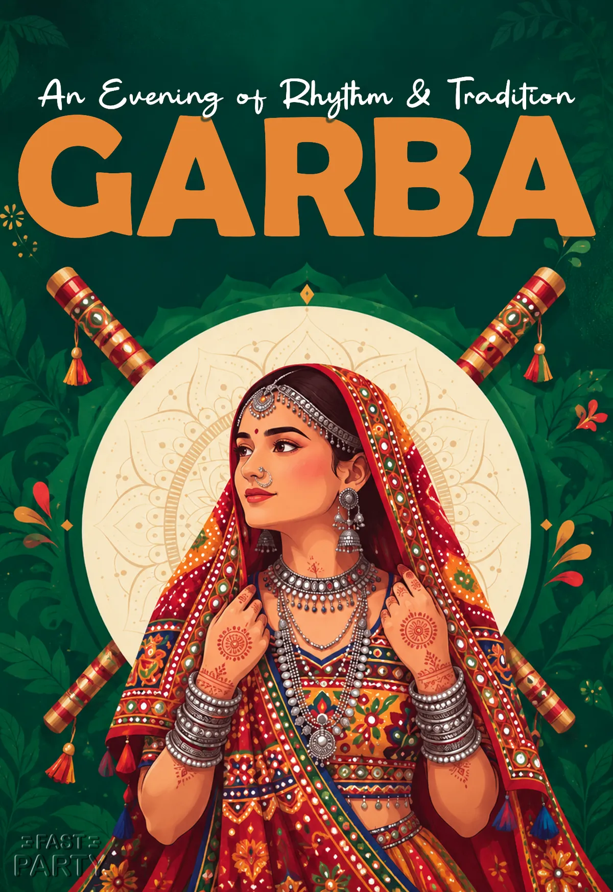 Garba invitation with a woman in a mirror-work outfit holding dandiya sticks on green