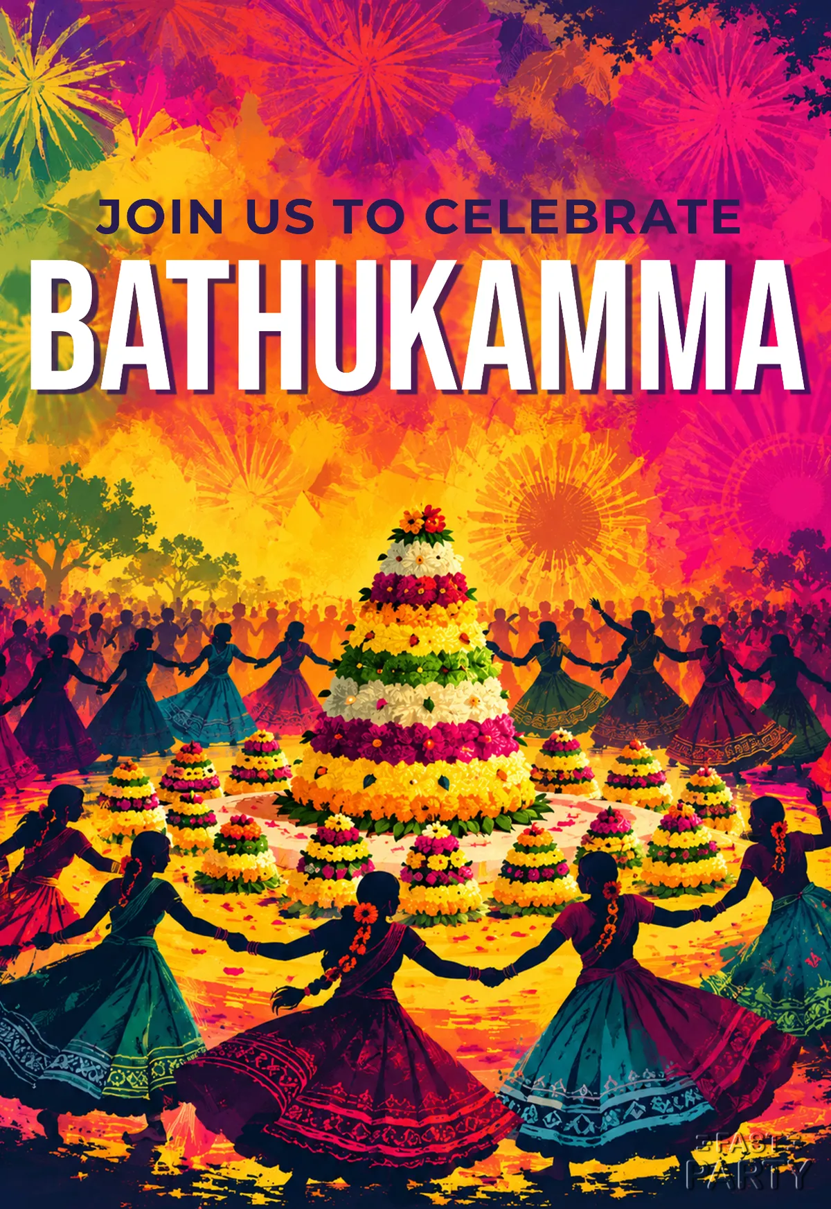 Bathukamma invitation with women dancing in a circle around a large flower tower