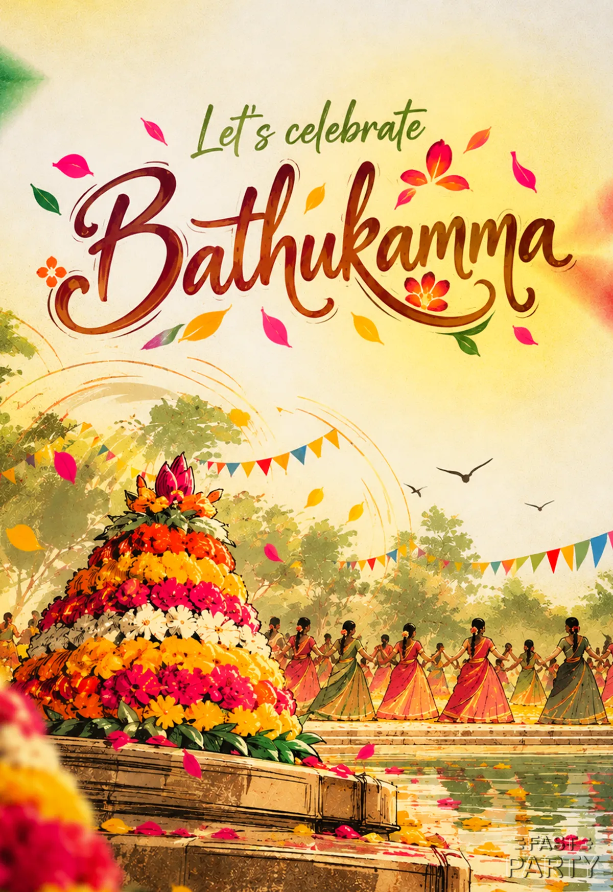 Bathukamma invitation with a flower tower on the shore of a lake and women in the distance