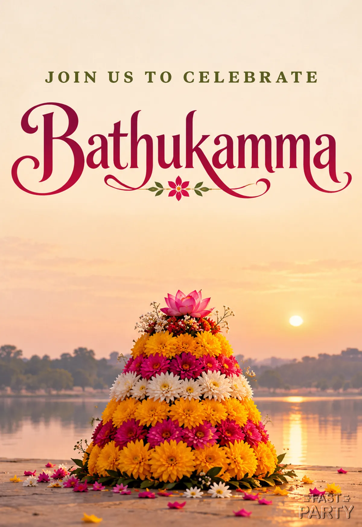 Bathukamma invitation with a single flower tower at the water's edge at sunset