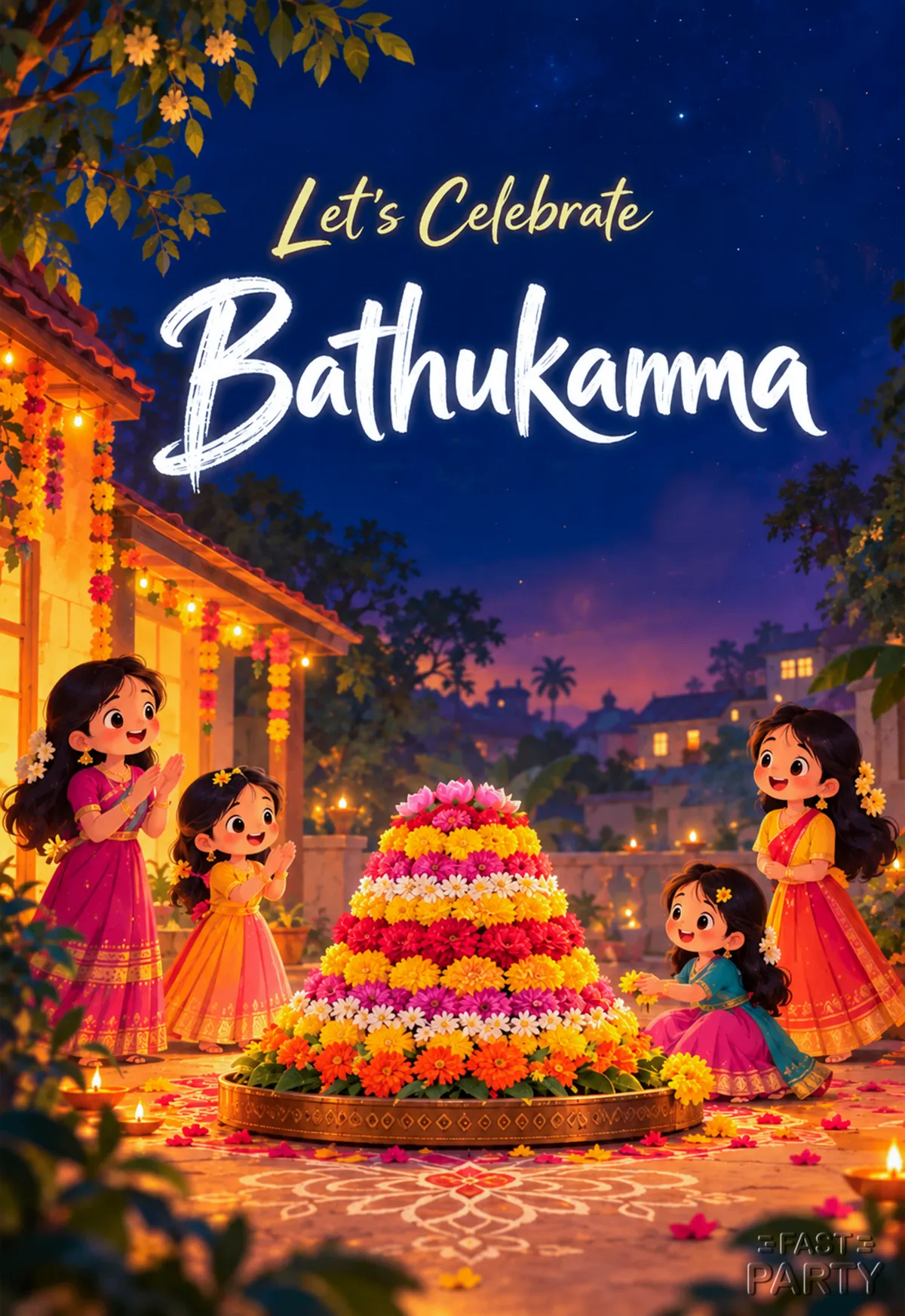 Bathukamma invitation with illustrated girls around a flower tower in a lamp-lit courtyard
