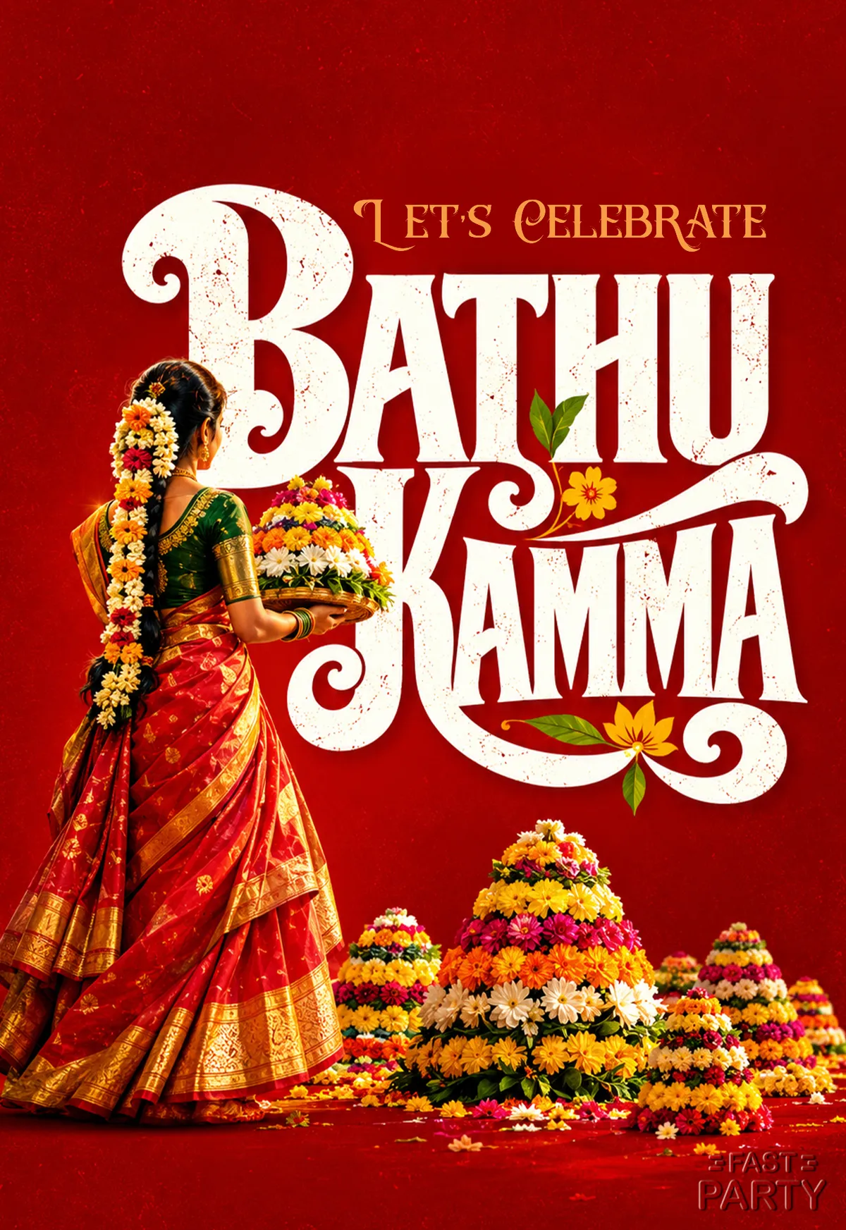 Bathukamma invitation with a woman in a red silk sari carrying a flower tower beside large white lettering