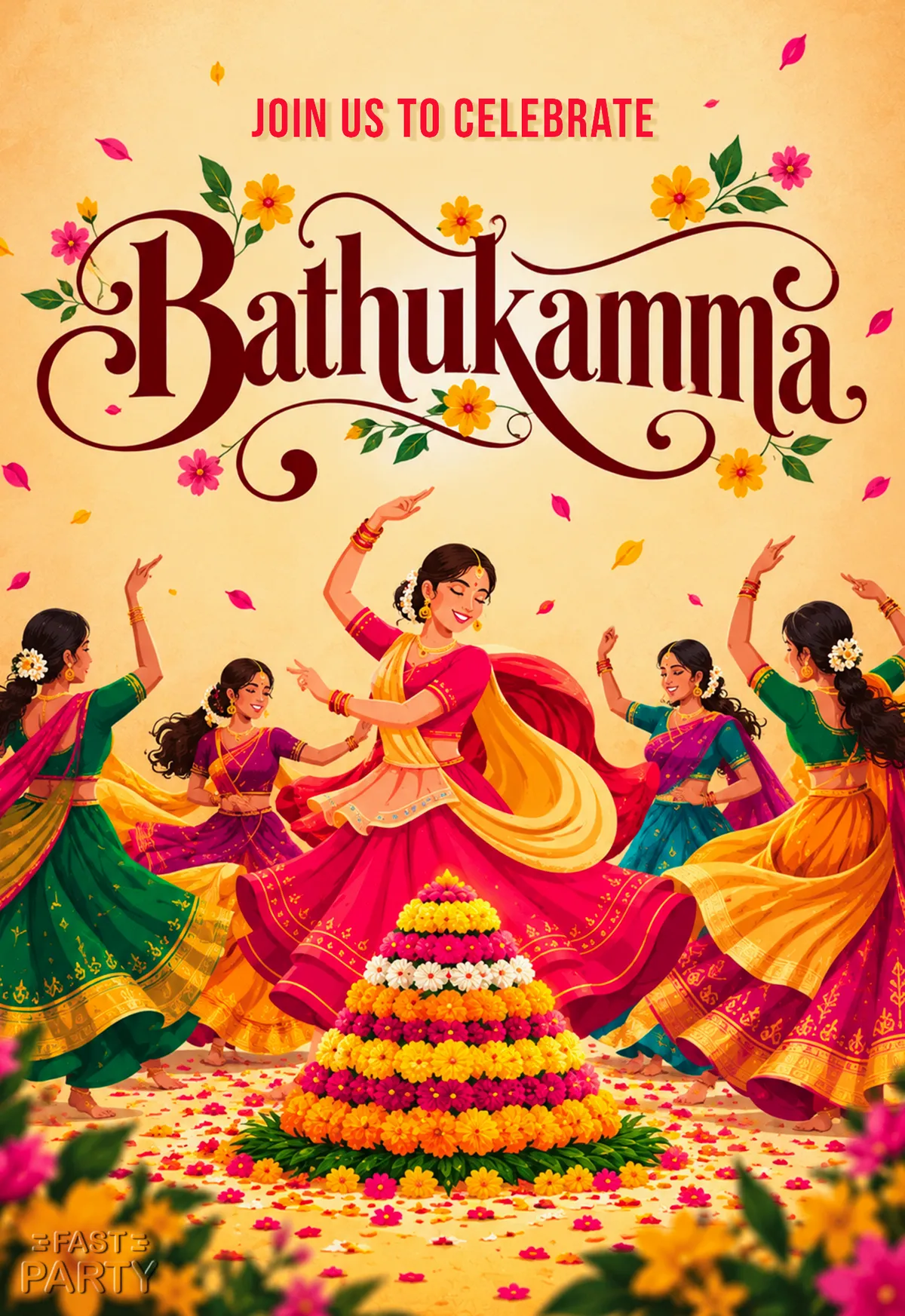 Bathukamma invitation with women in bright lehengas dancing around a flower tower on a cream background