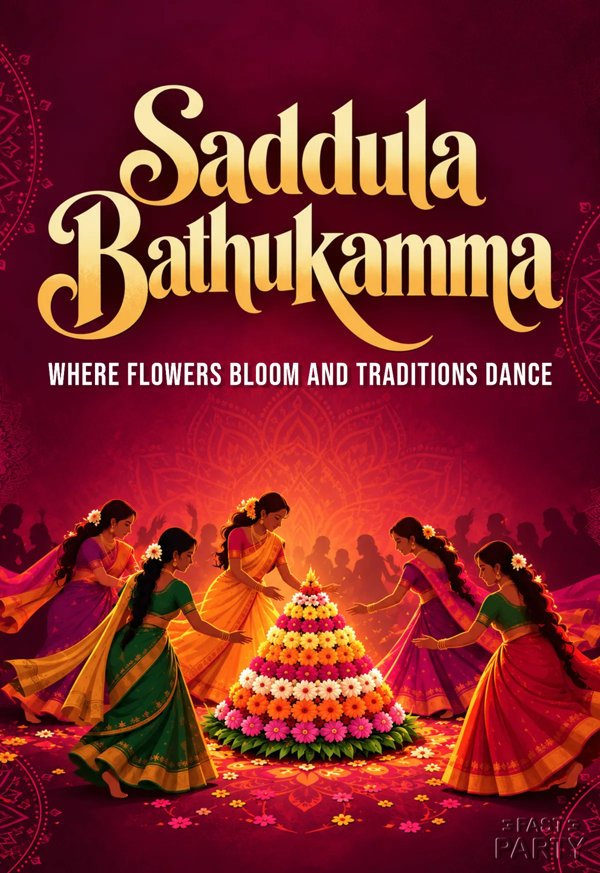 Saddula Bathukamma invitation with women dancing around a flower tower on a maroon background