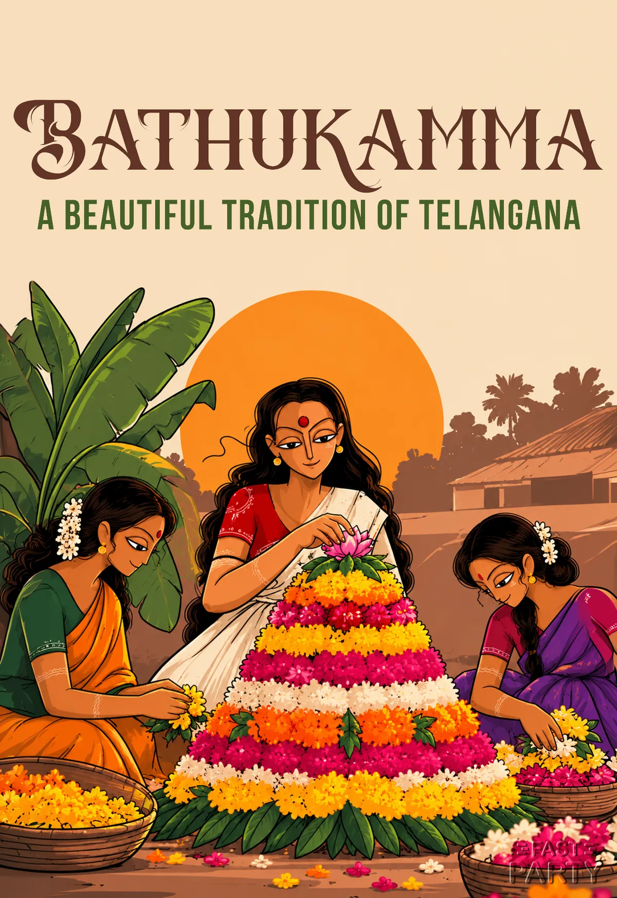 Bathukamma invitation with women arranging marigolds and celosia into a flower tower at sunset