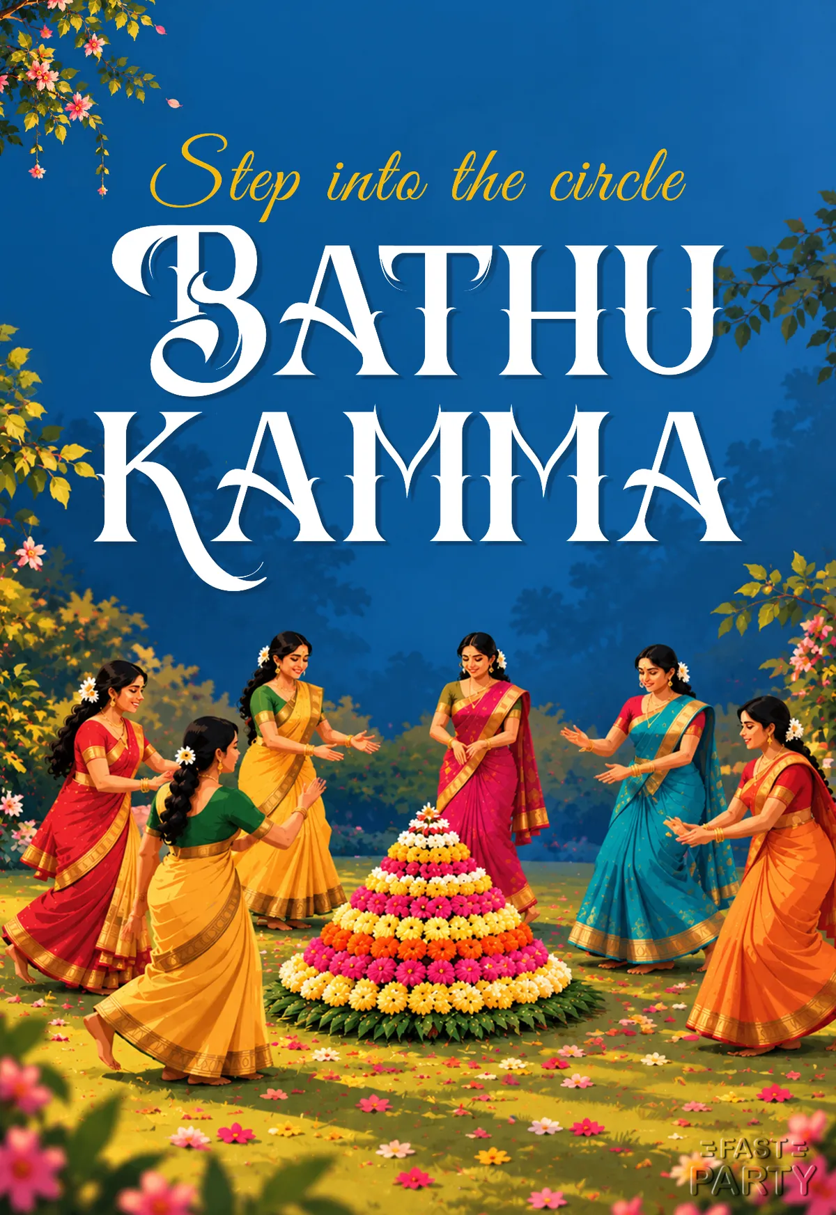 Bathukamma invitation with women dancing around a flower tower on a lawn under a blue evening sky