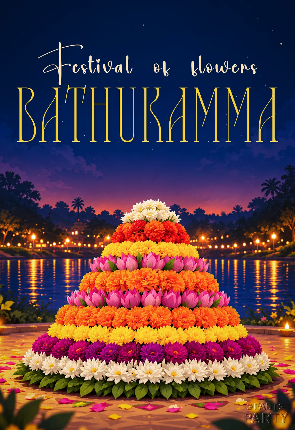 Bathukamma invitation with a tall tiered flower tower by a lamp-lit lake at night