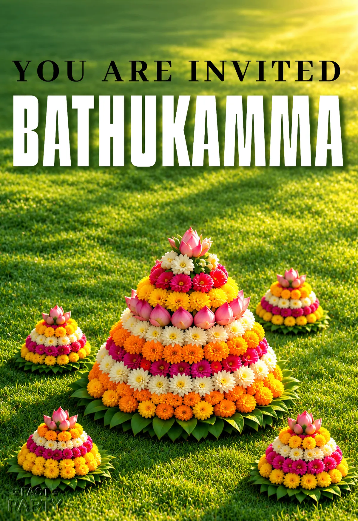 Bathukamma invitation with flower towers of marigolds and lotuses on a green lawn