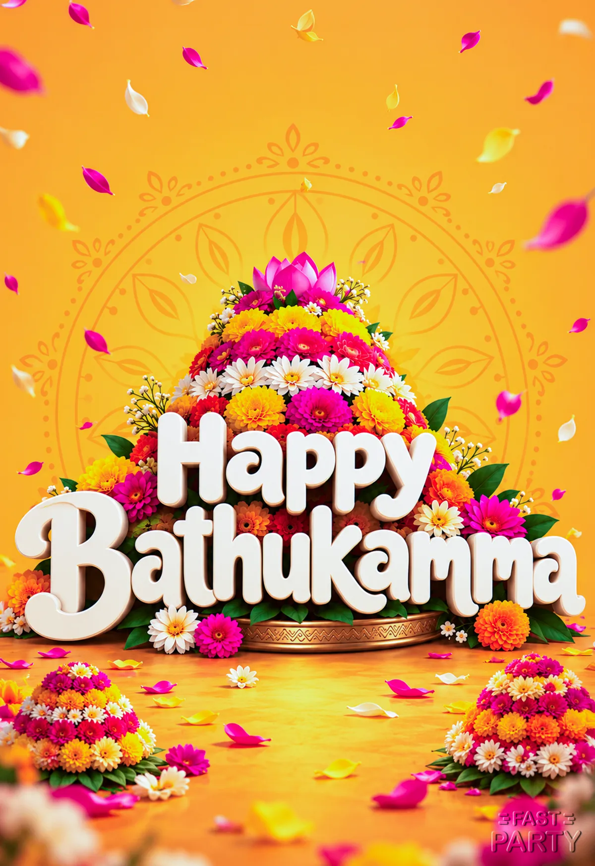 Happy Bathukamma greeting with a flower tower and bold white lettering on bright yellow
