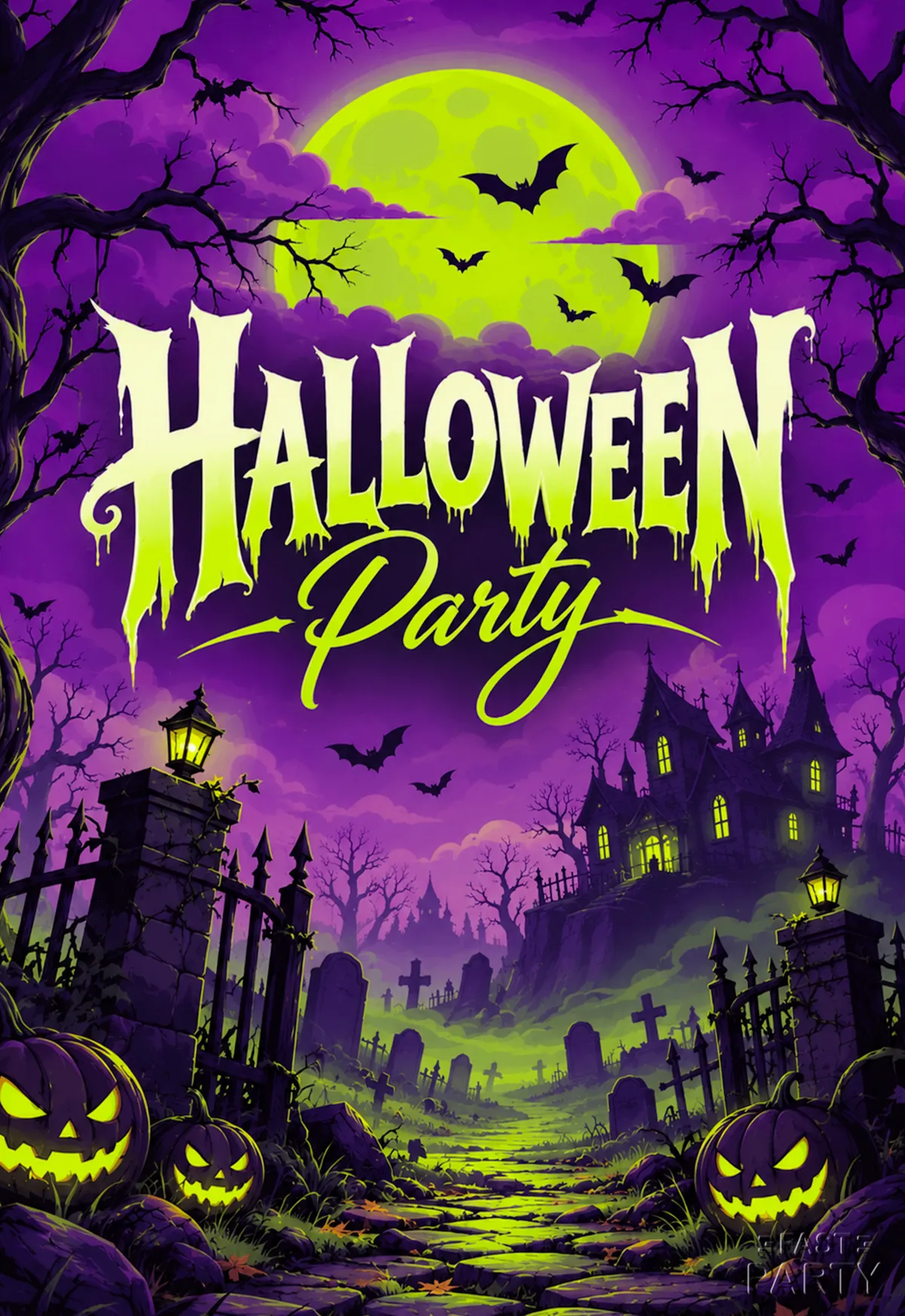 Halloween Party invitation with a haunted house, a graveyard path and glowing pumpkins
