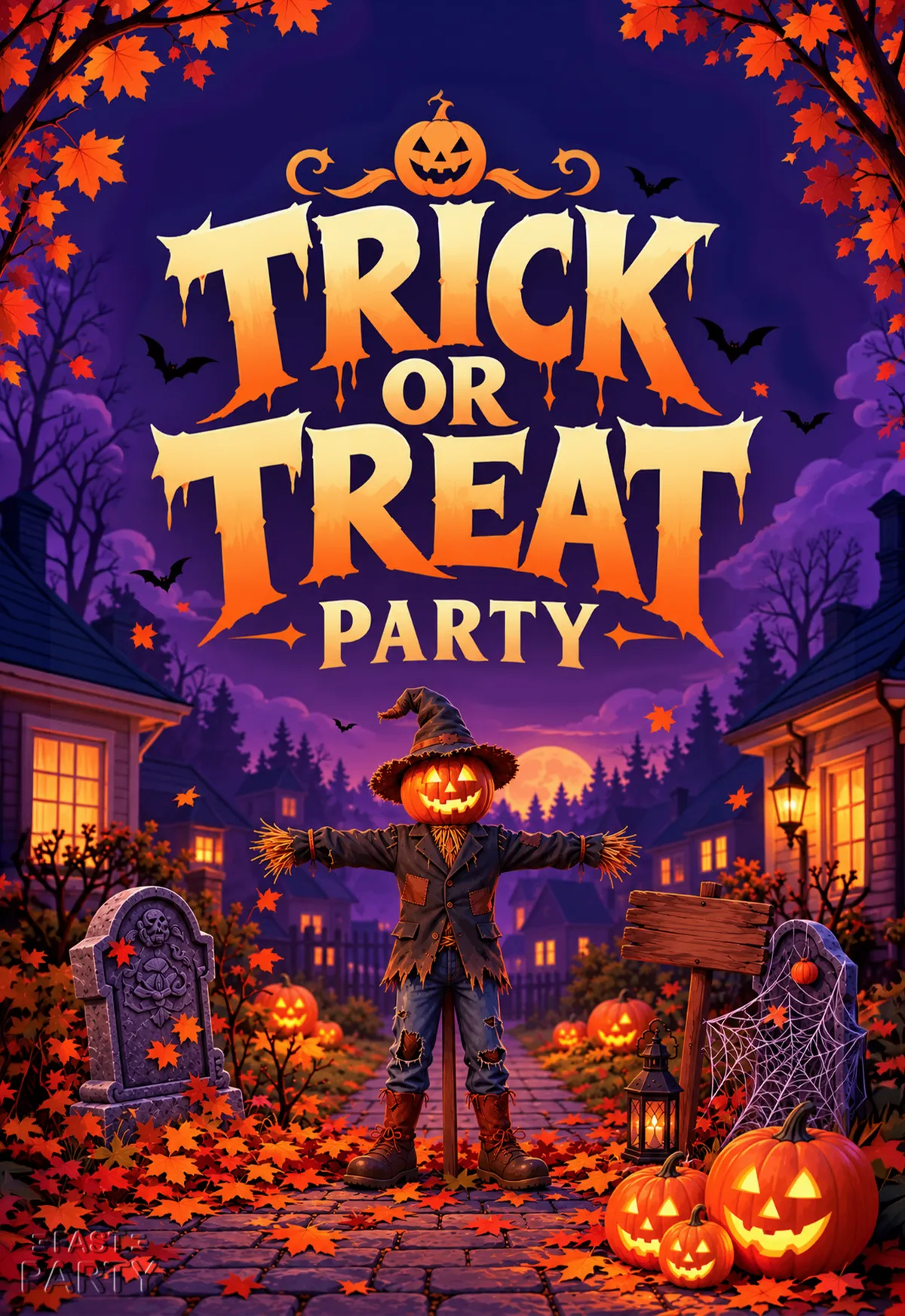 Trick or Treat Party invitation with a pumpkin-headed scarecrow on a leafy lane