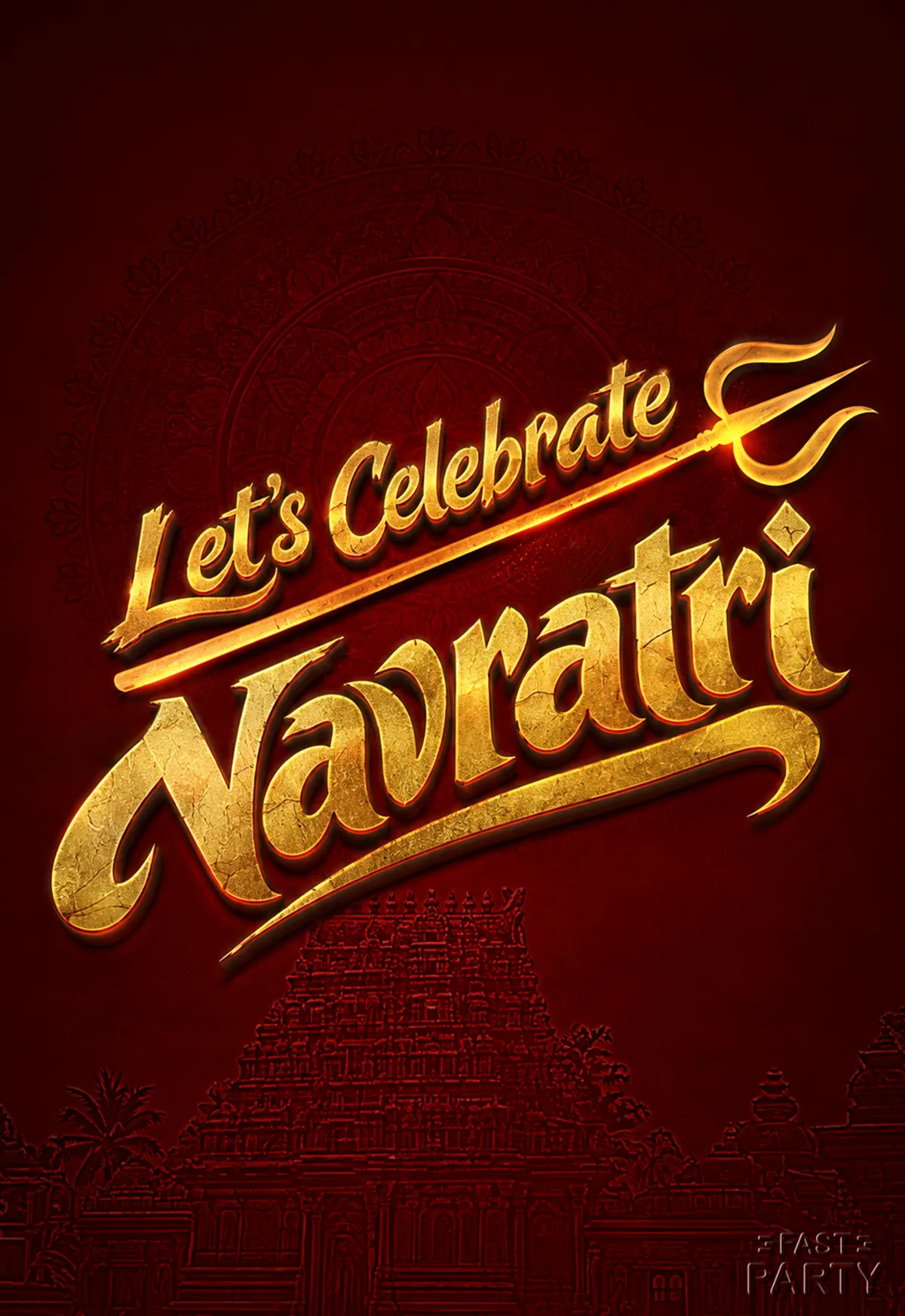 Navratri invitation with gold script and a trishul on deep maroon