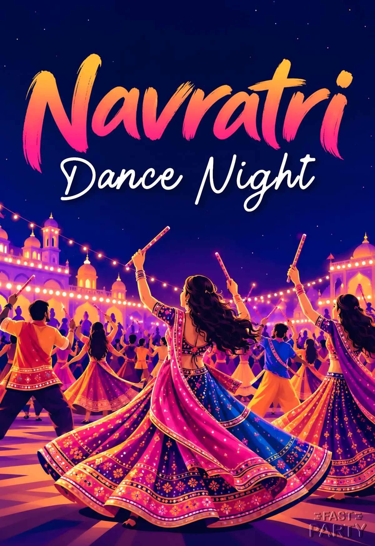 Navratri Dance Night invitation with dancers twirling in lehengas under string lights