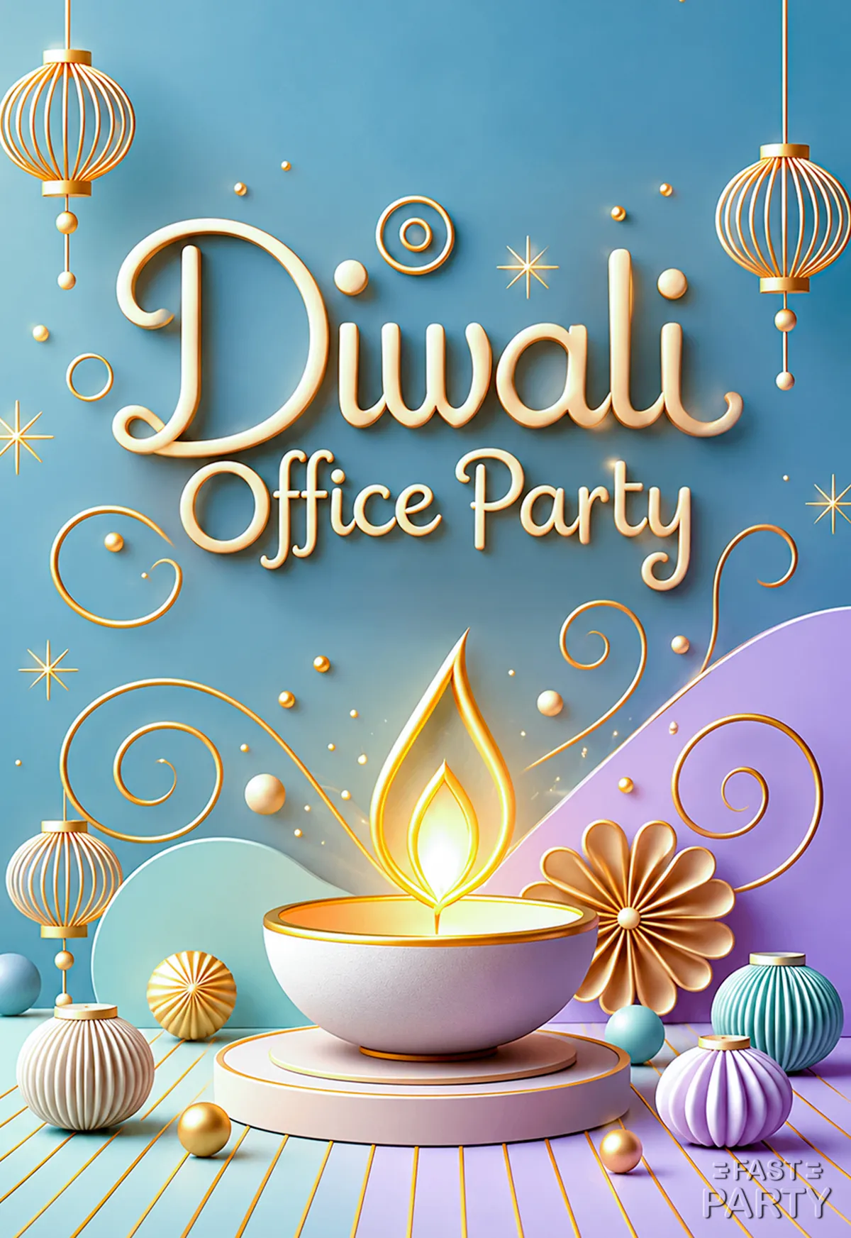 Diwali Office Party invitation with a glowing diya on a pastel stage and paper lanterns