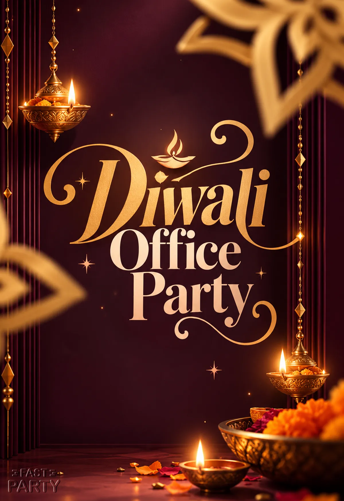 Diwali Office Party invitation with brass lamps, marigolds and diyas on maroon