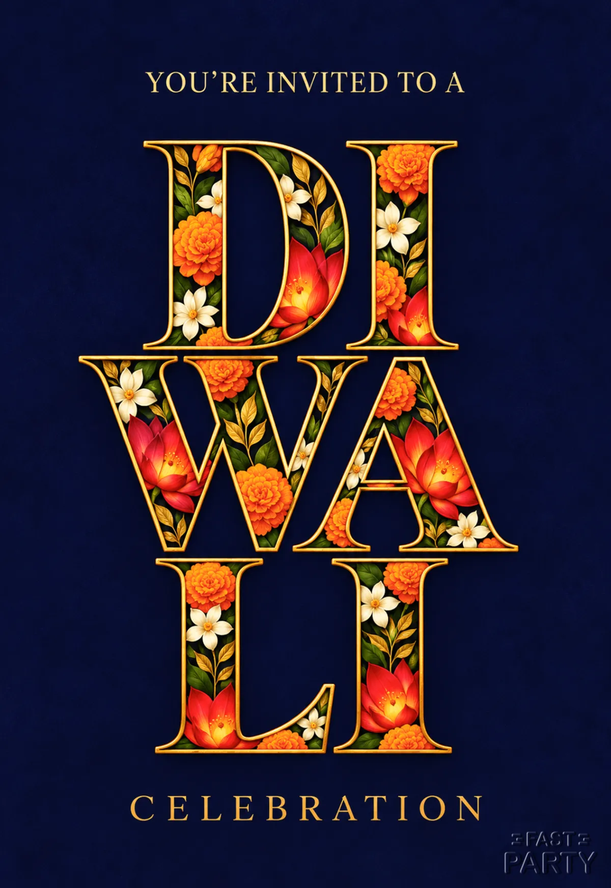 Diwali Celebration invitation with flower-filled gold letters on navy