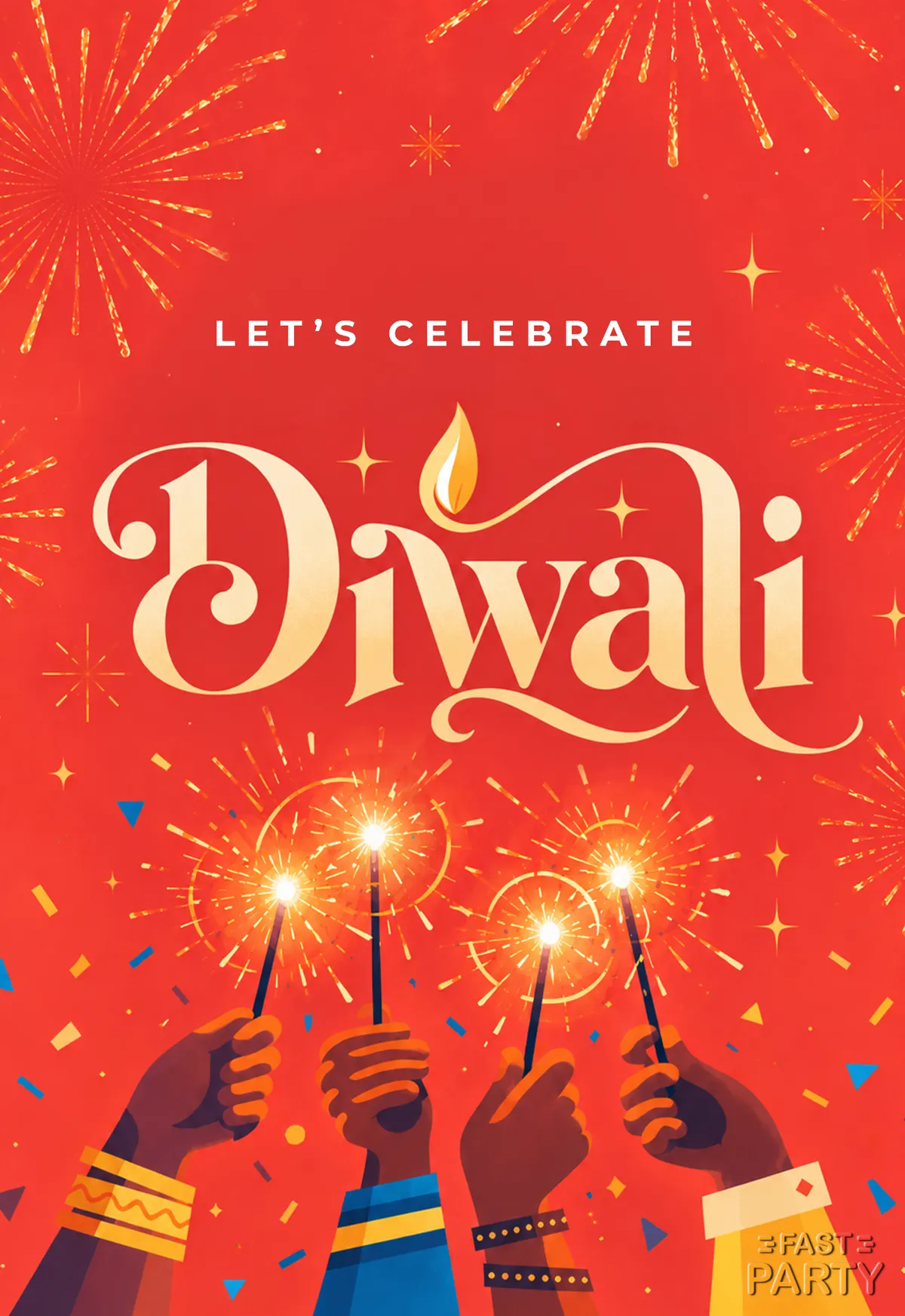 Diwali invitation with raised hands holding sparklers against red fireworks