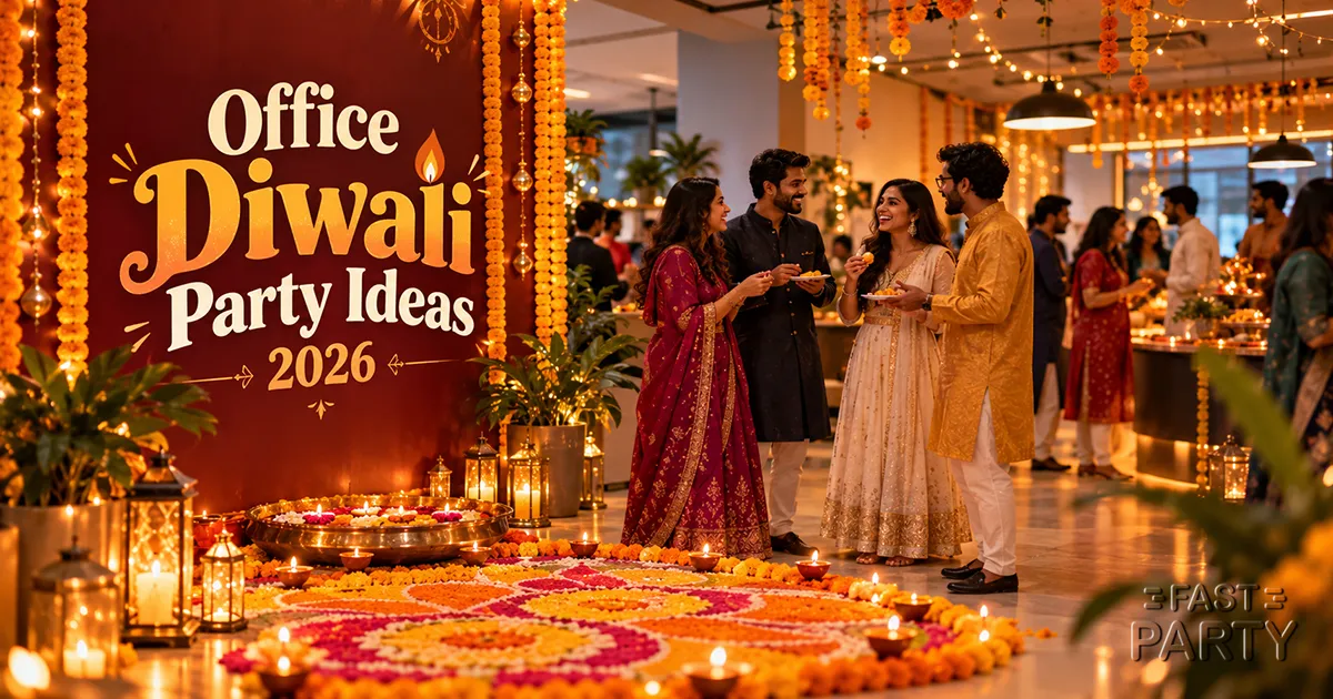 Colleagues in ethnic wear at an office Diwali party with a flower rangoli, diyas and marigold garlands