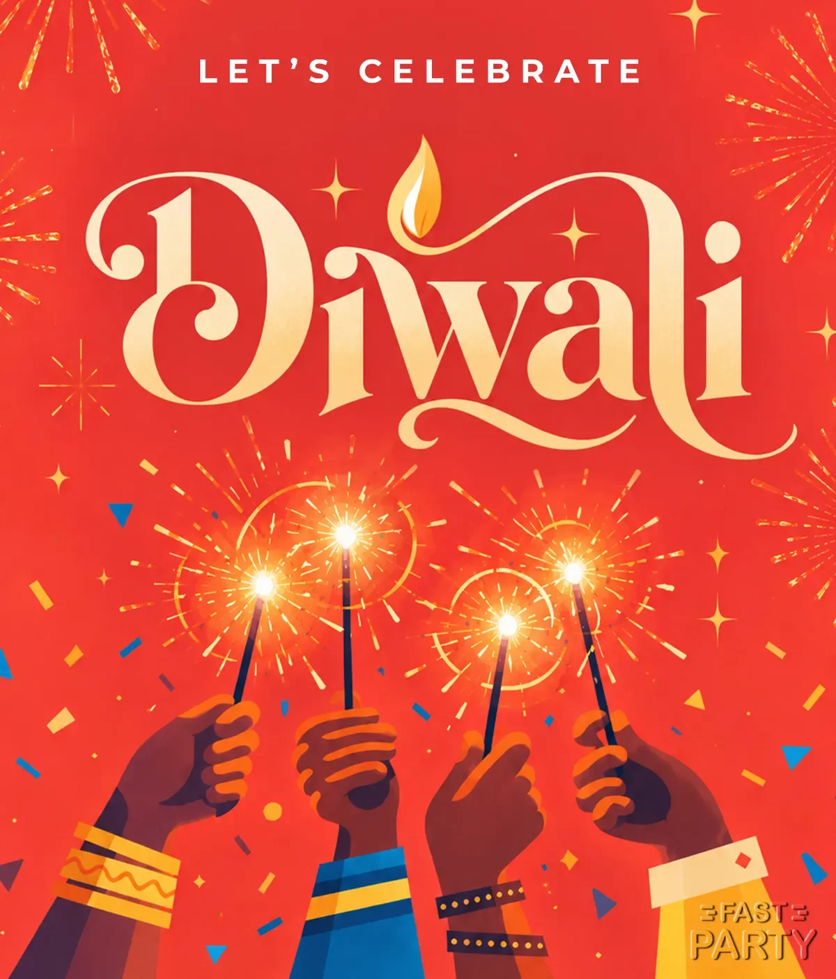 Let's celebrate Diwali: raised hands holding sparklers against red fireworks