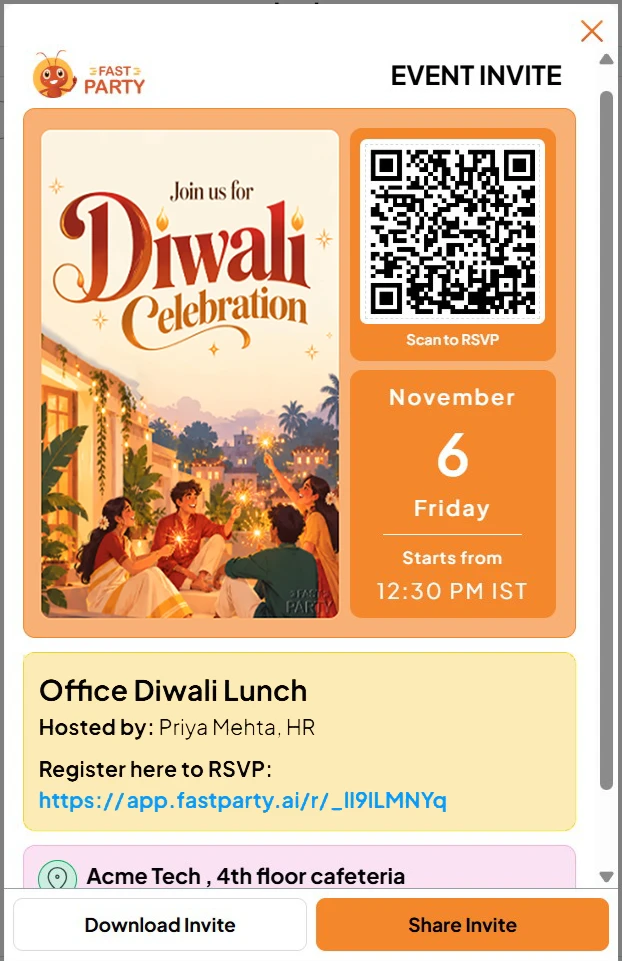Fast Party event invite for the Office Diwali Lunch with a QR code to RSVP and a share button