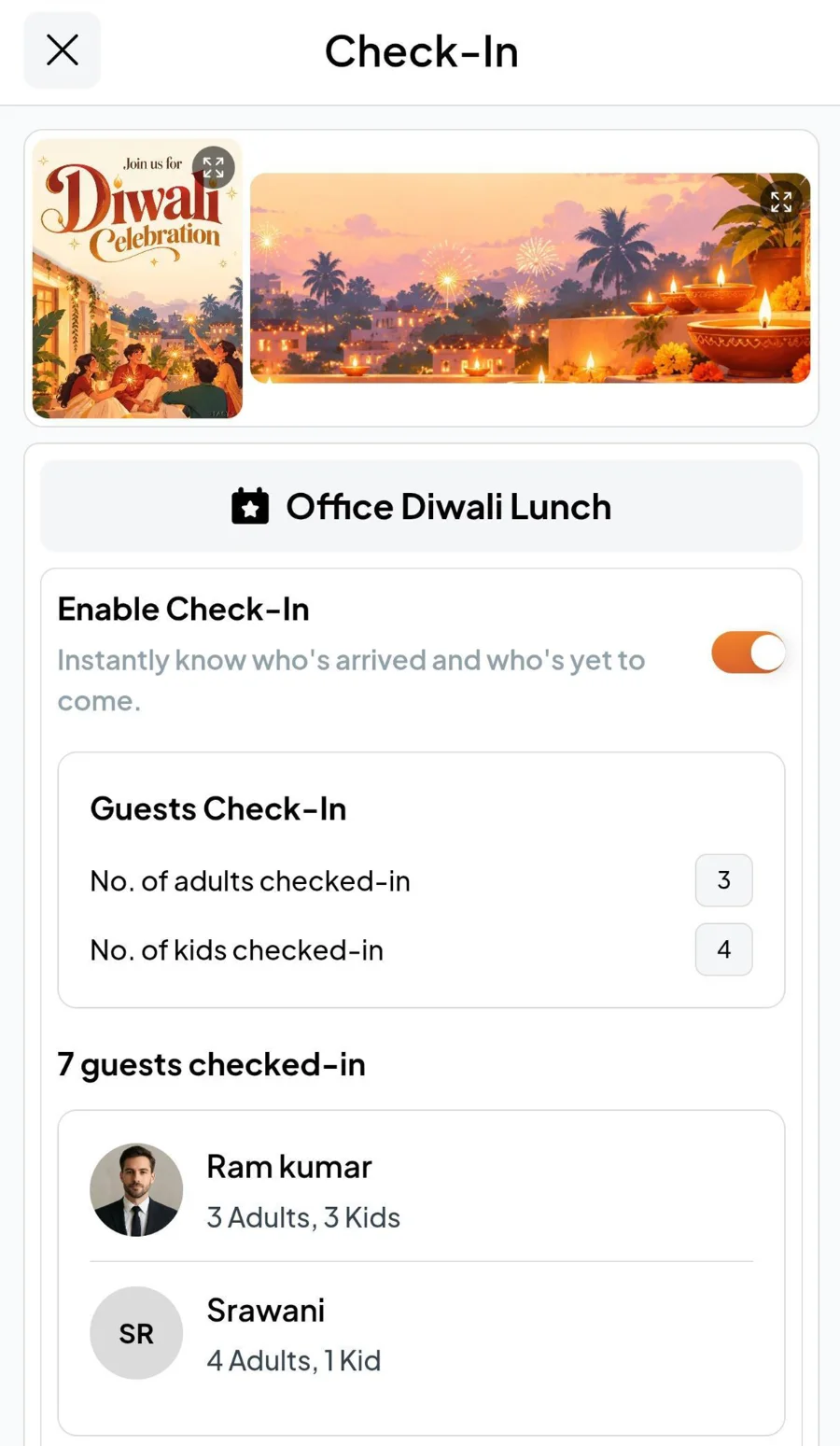 Fast Party check-in on a phone for the Office Diwali Lunch with adults and kids checked in