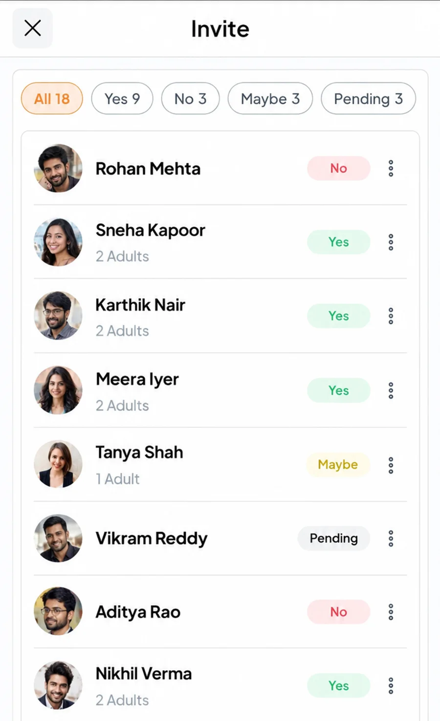 Fast Party guest list on a phone with Yes, No, Maybe and Pending filters